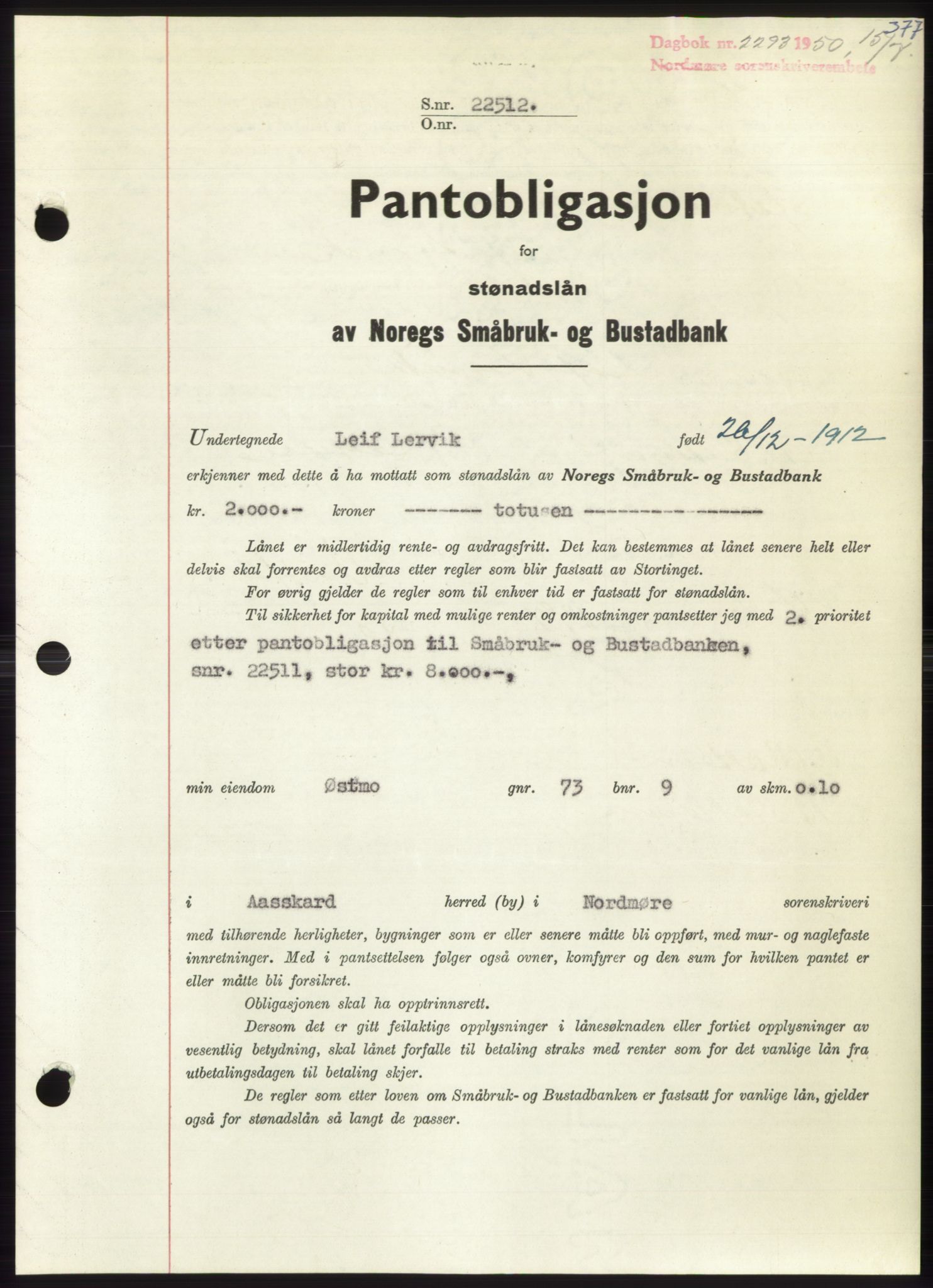 Nordmøre sorenskriveri, AV/SAT-A-4132/1/2/2Ca: Mortgage book no. B105, 1950-1950, Diary no: : 2293/1950