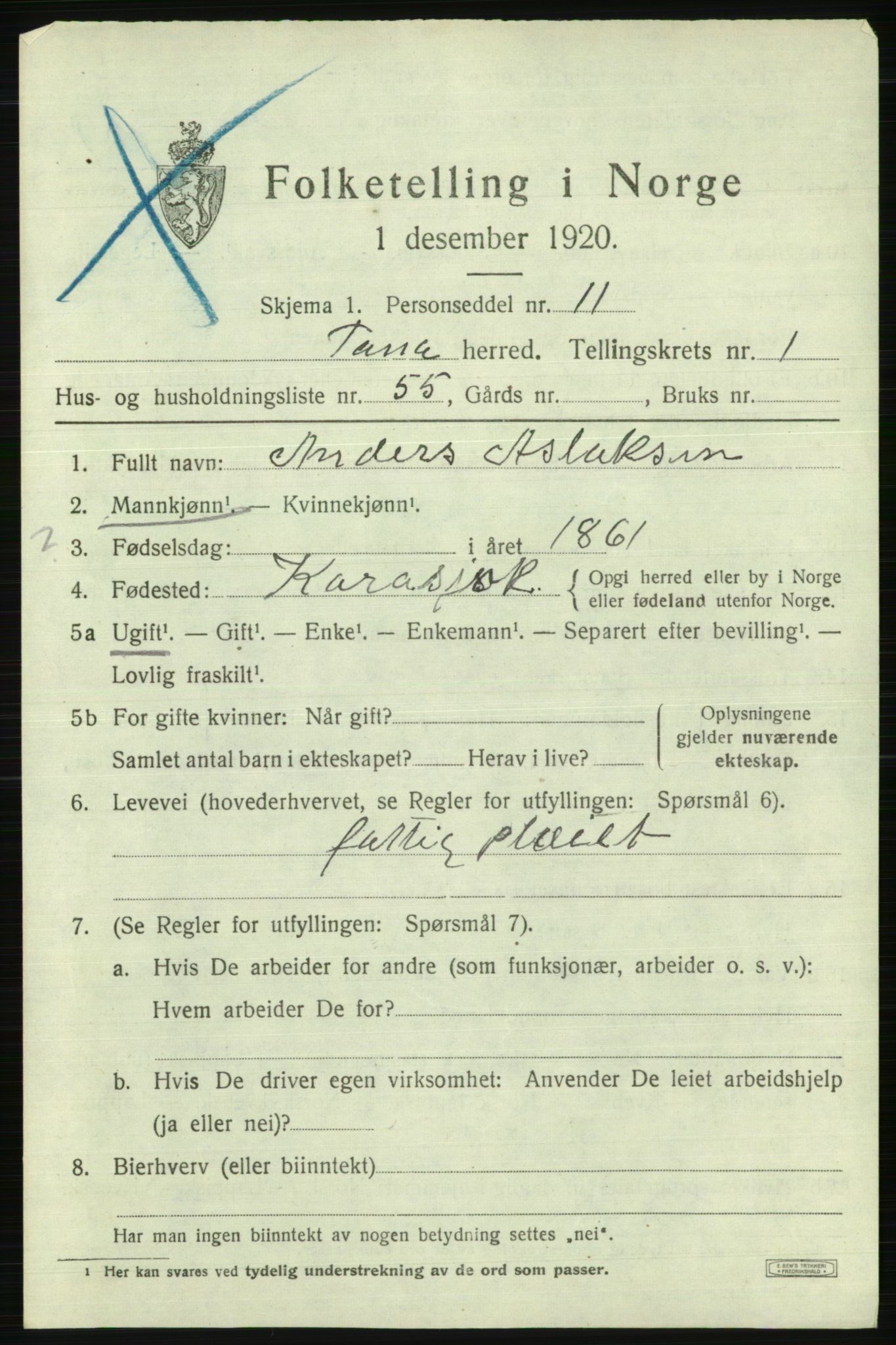 SATØ, 1920 census for Tana, 1920, p. 1162