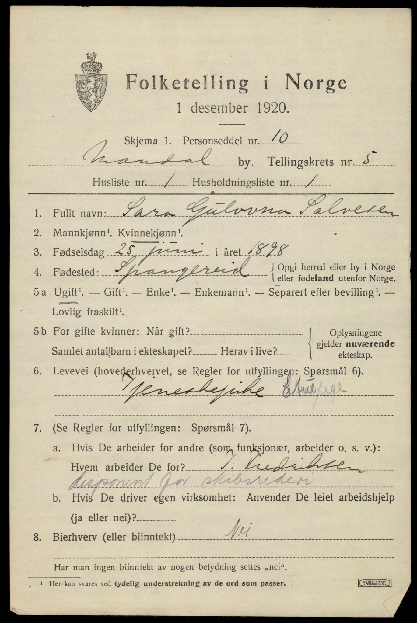 SAK, 1920 census for Mandal, 1920, p. 8219