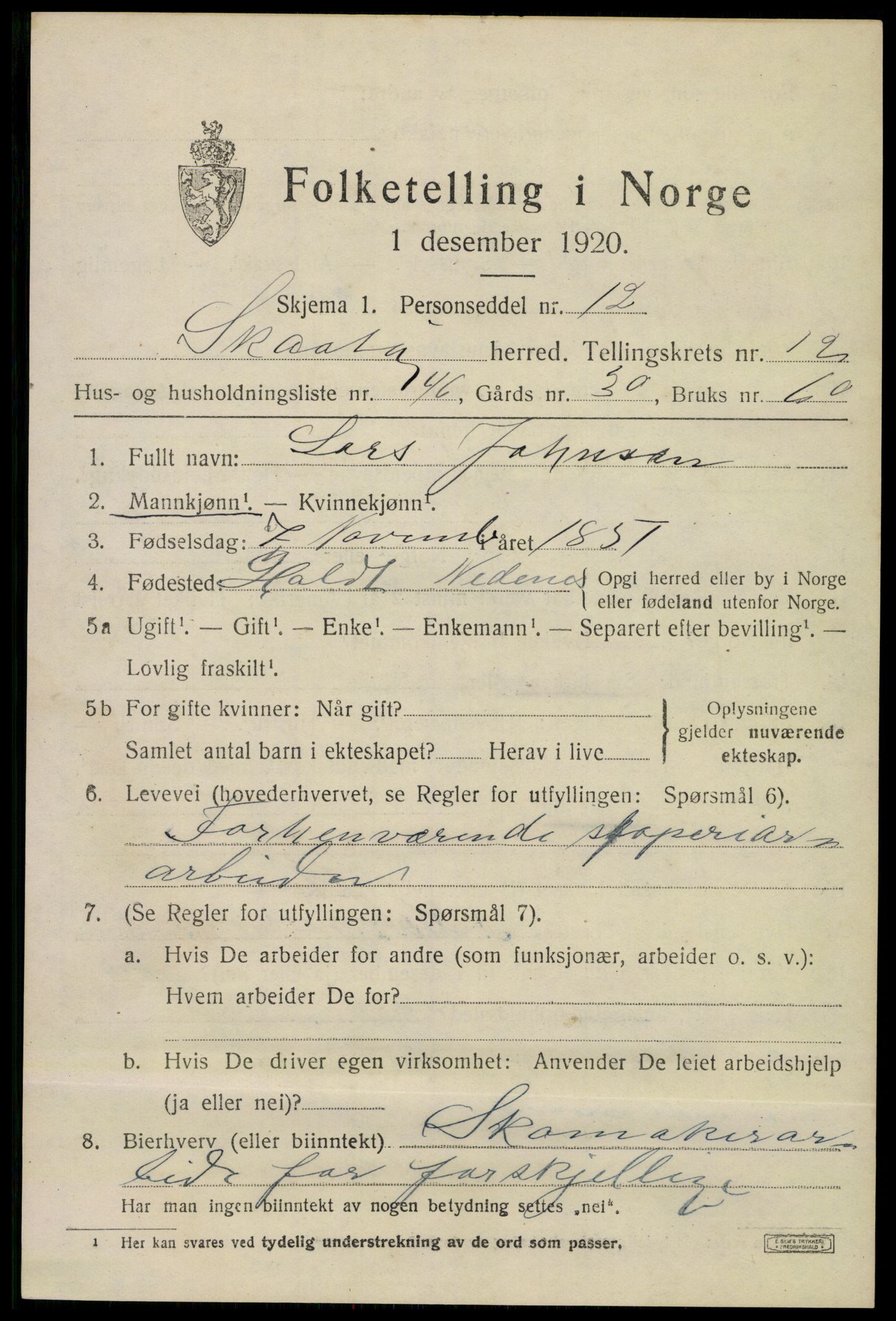 SAKO, 1920 census for Skåtøy, 1920, p. 8616