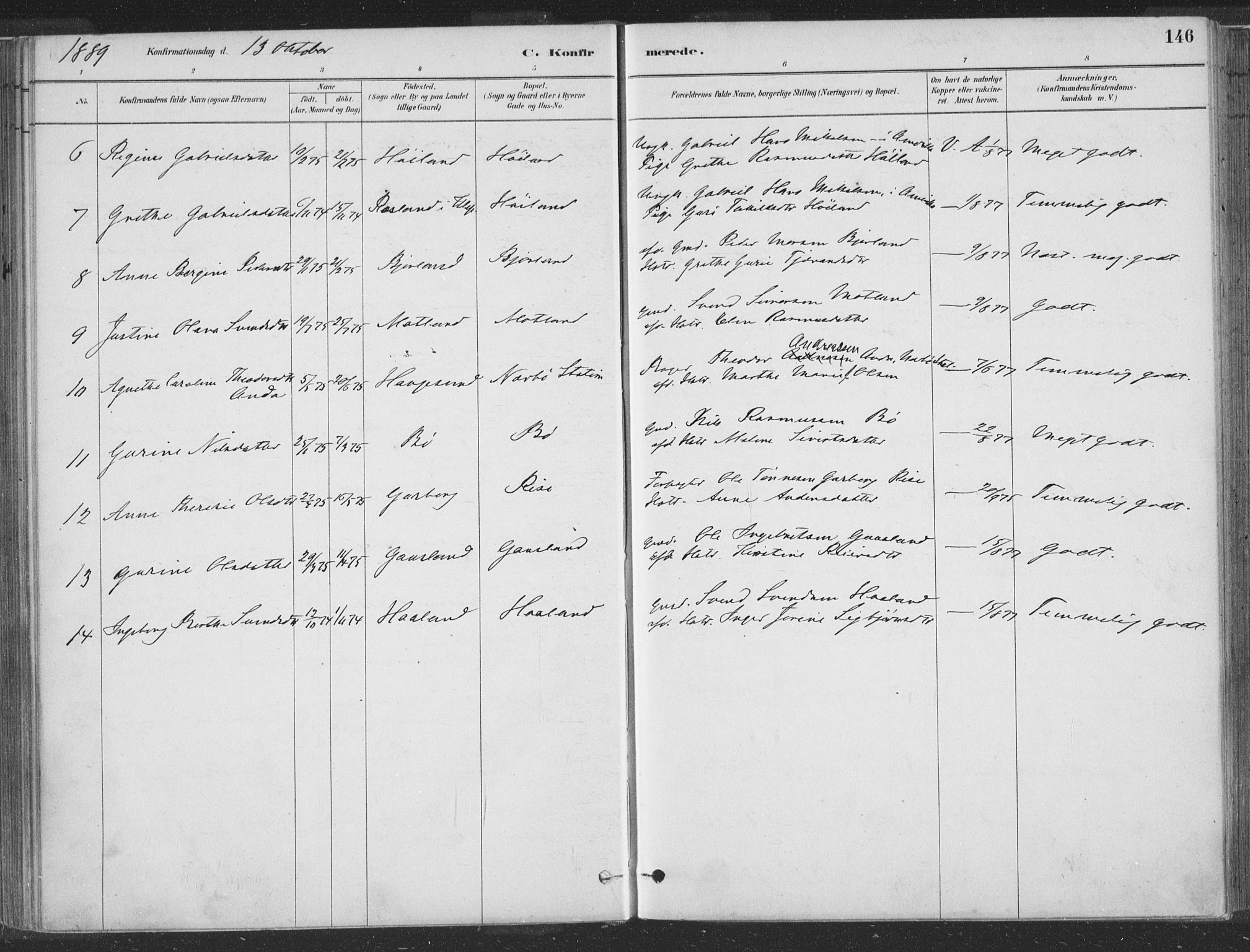 Hå sokneprestkontor, SAST/A-101801/001/30BA/L0010: Parish register (official) no. A 9, 1879-1896, p. 146