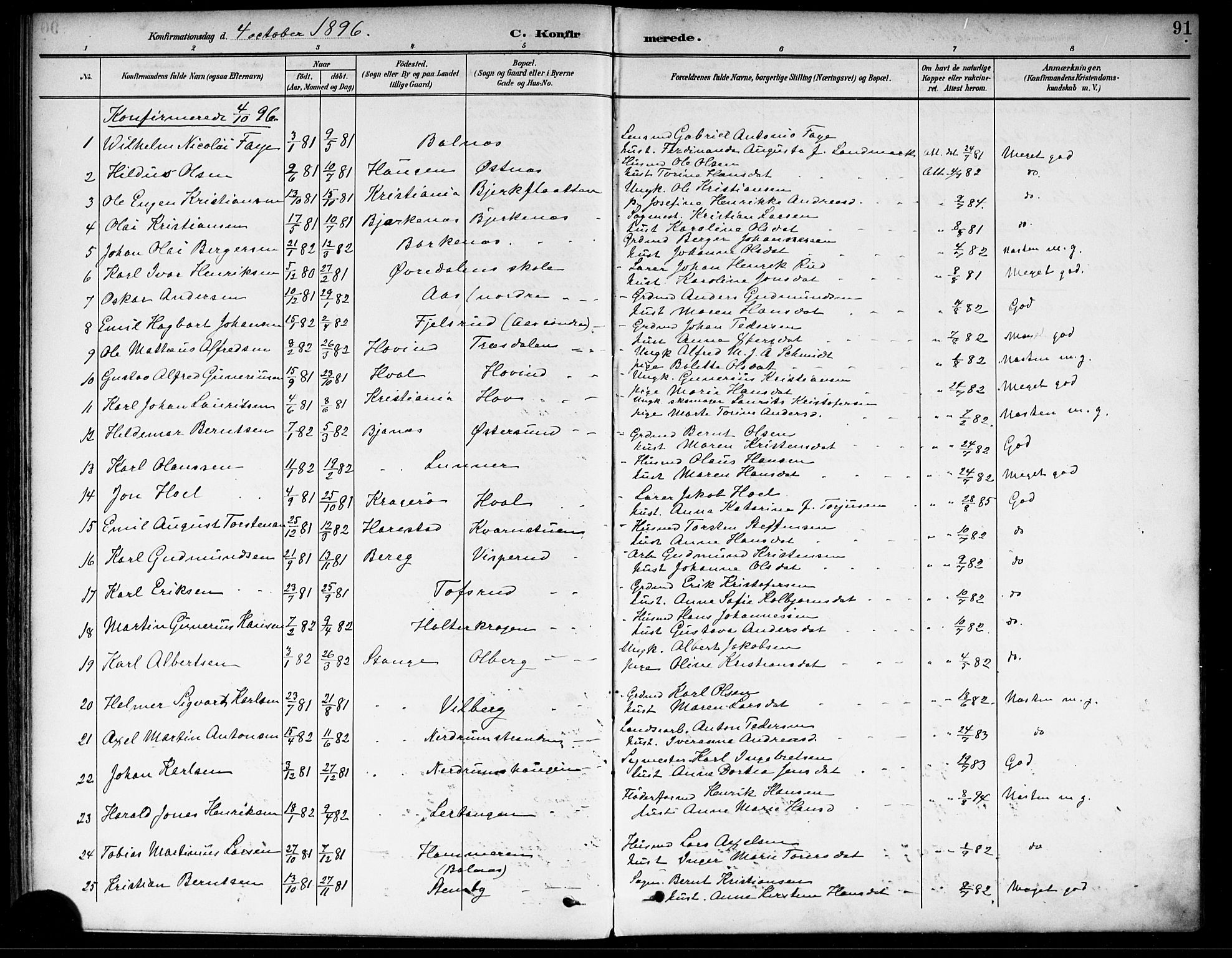 Fet prestekontor Kirkebøker, SAO/A-10370a/F/Fa/L0015: Parish register (official) no. I 15, 1892-1904, p. 91