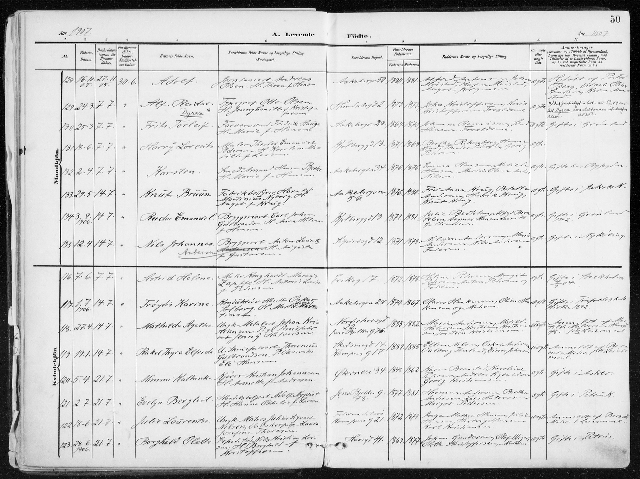 Kampen prestekontor Kirkebøker, SAO/A-10853/F/Fa/L0010: Parish register (official) no. I 10, 1905-1917, p. 50