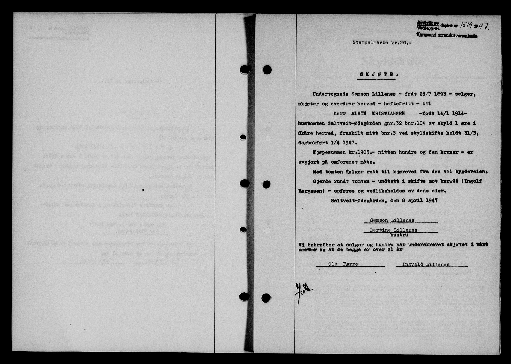 Karmsund sorenskriveri, SAST/A-100311/01/II/IIB/L0090: Mortgage book no. 70A, 1947-1947, Diary no: : 1519/1947