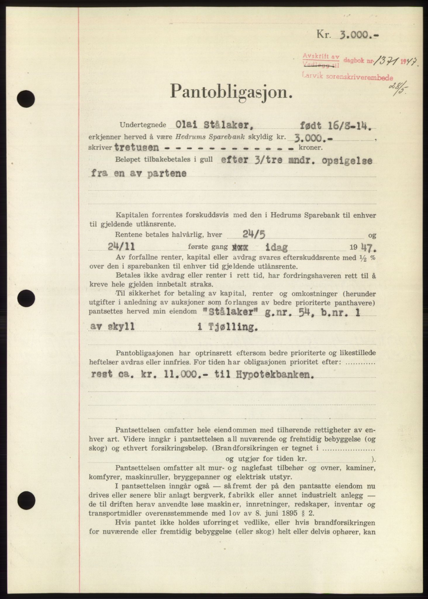 Larvik sorenskriveri, AV/SAKO-A-83/G/Ga/Gac/L0012: Mortgage book no. B-12, 1947-1947, Diary no: : 1371/1947