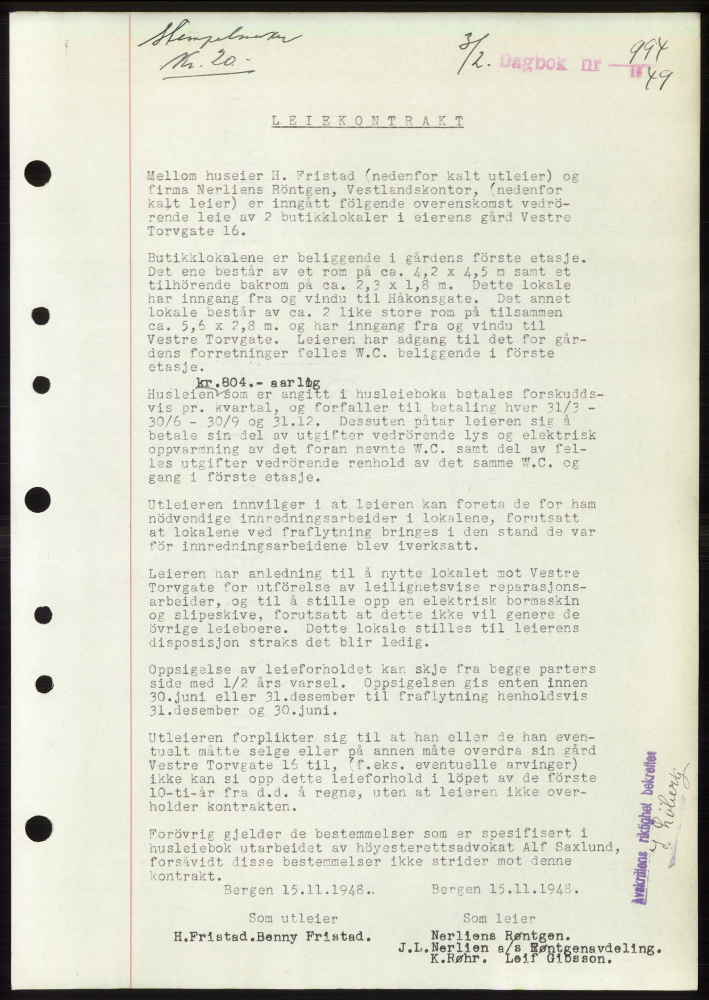 Byfogd og Byskriver i Bergen, AV/SAB-A-3401/03/03Bd/L0003: Mortgage book no. B29-39, 1947-1950, Diary no: : 994/1949
