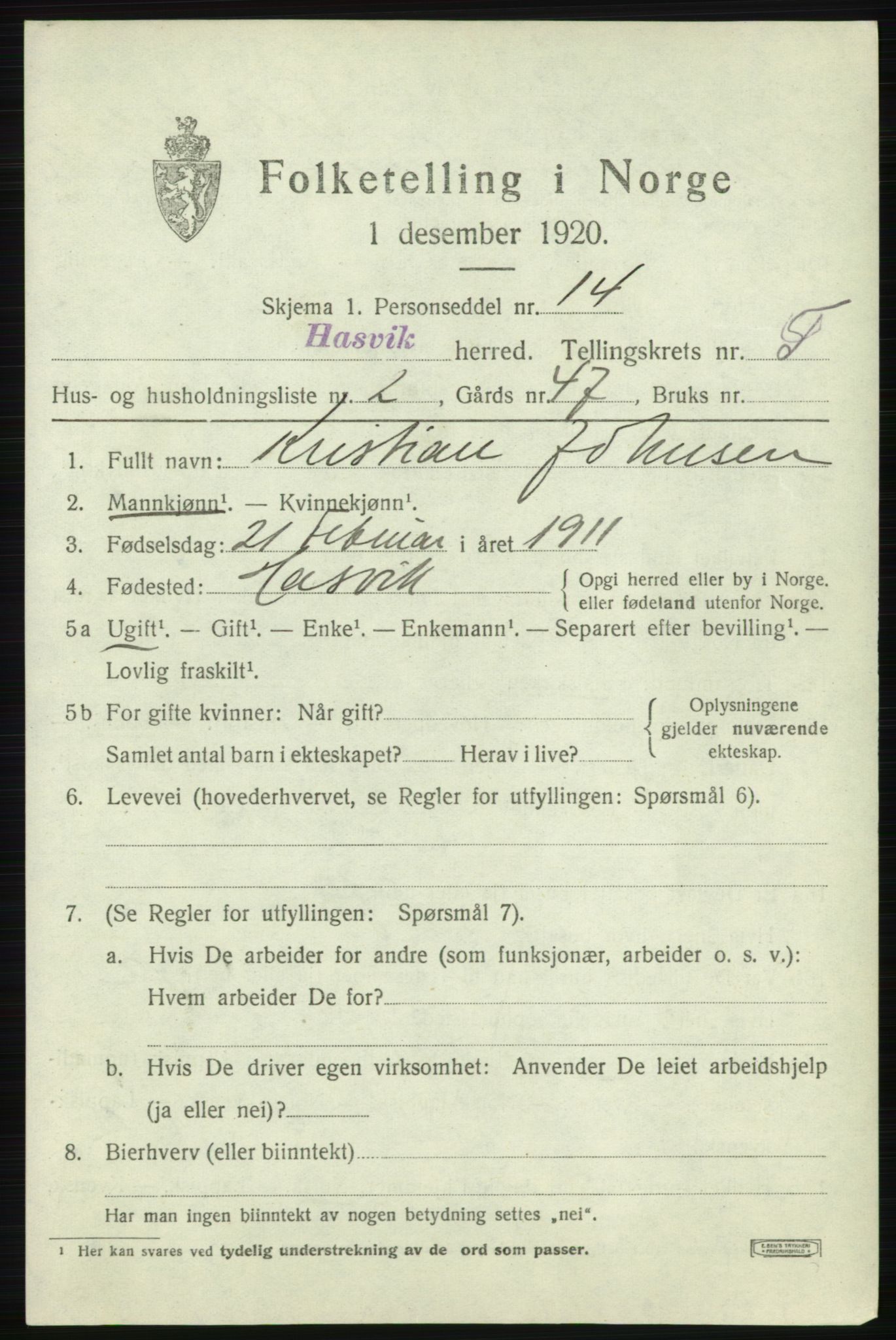 SATØ, 1920 census for Hasvik, 1920, p. 2351