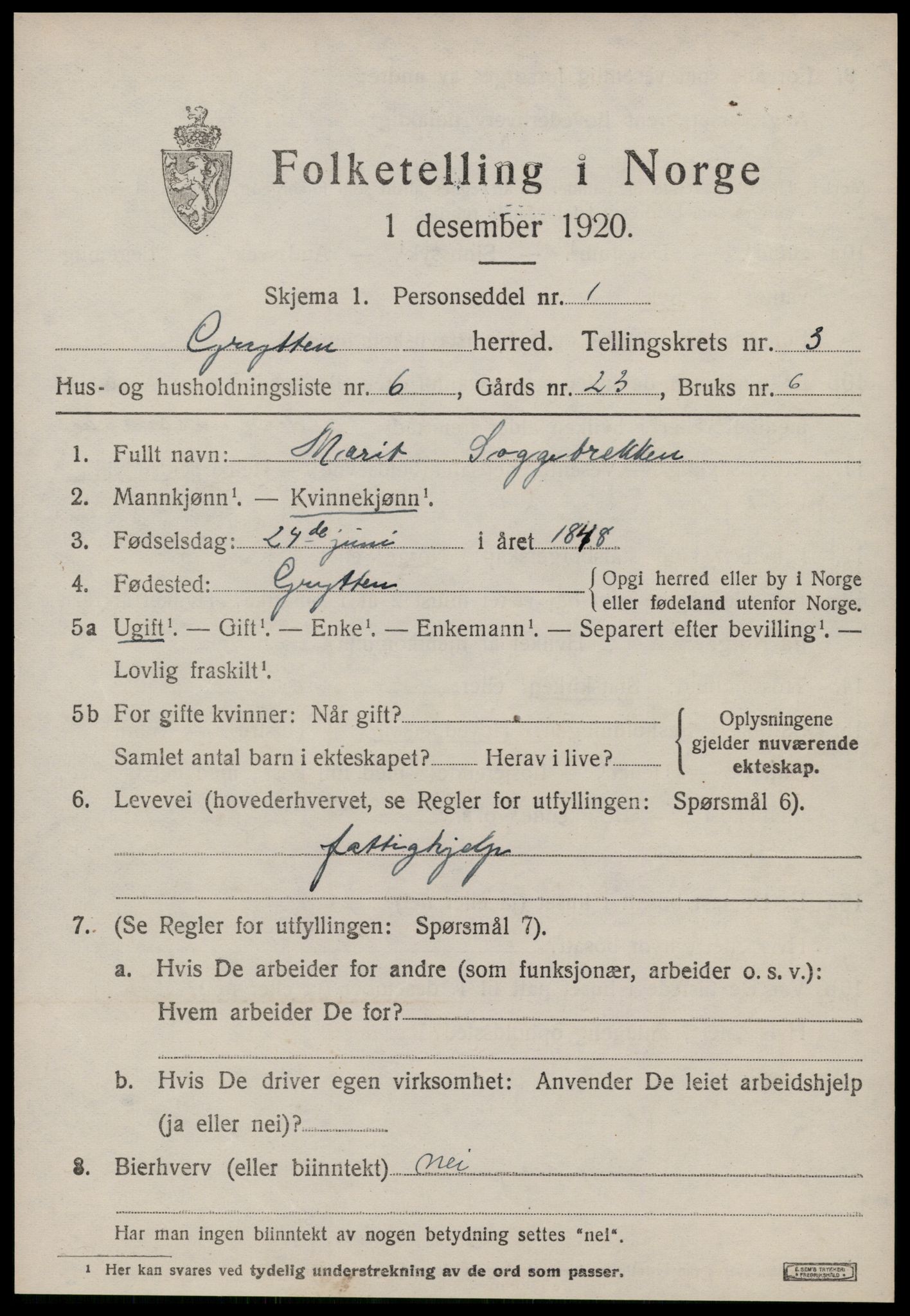 SAT, 1920 census for Grytten, 1920, p. 2268
