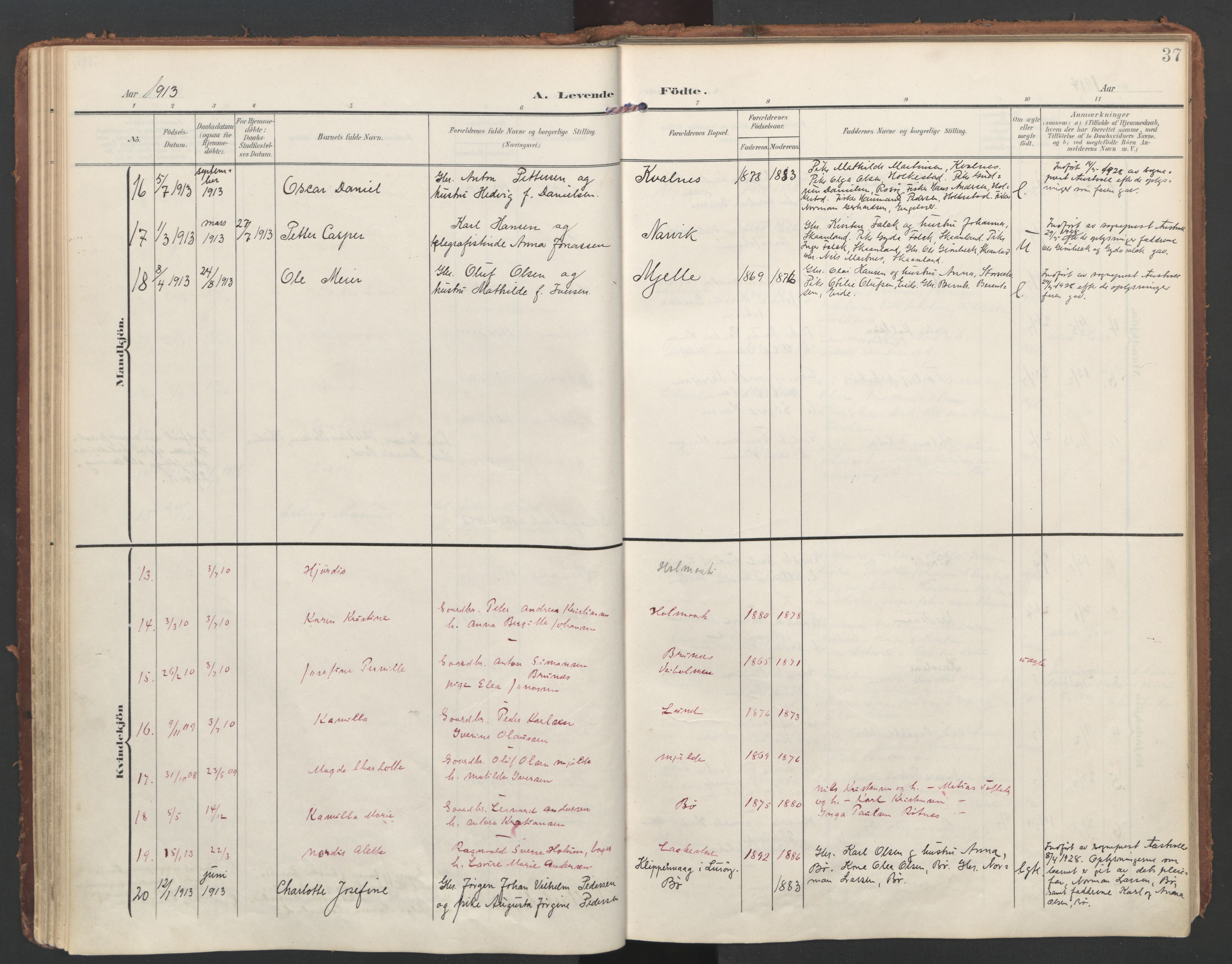 Ministerialprotokoller, klokkerbøker og fødselsregistre - Nordland, SAT/A-1459/855/L0805: Parish register (official) no. 855A13, 1906-1920, p. 37