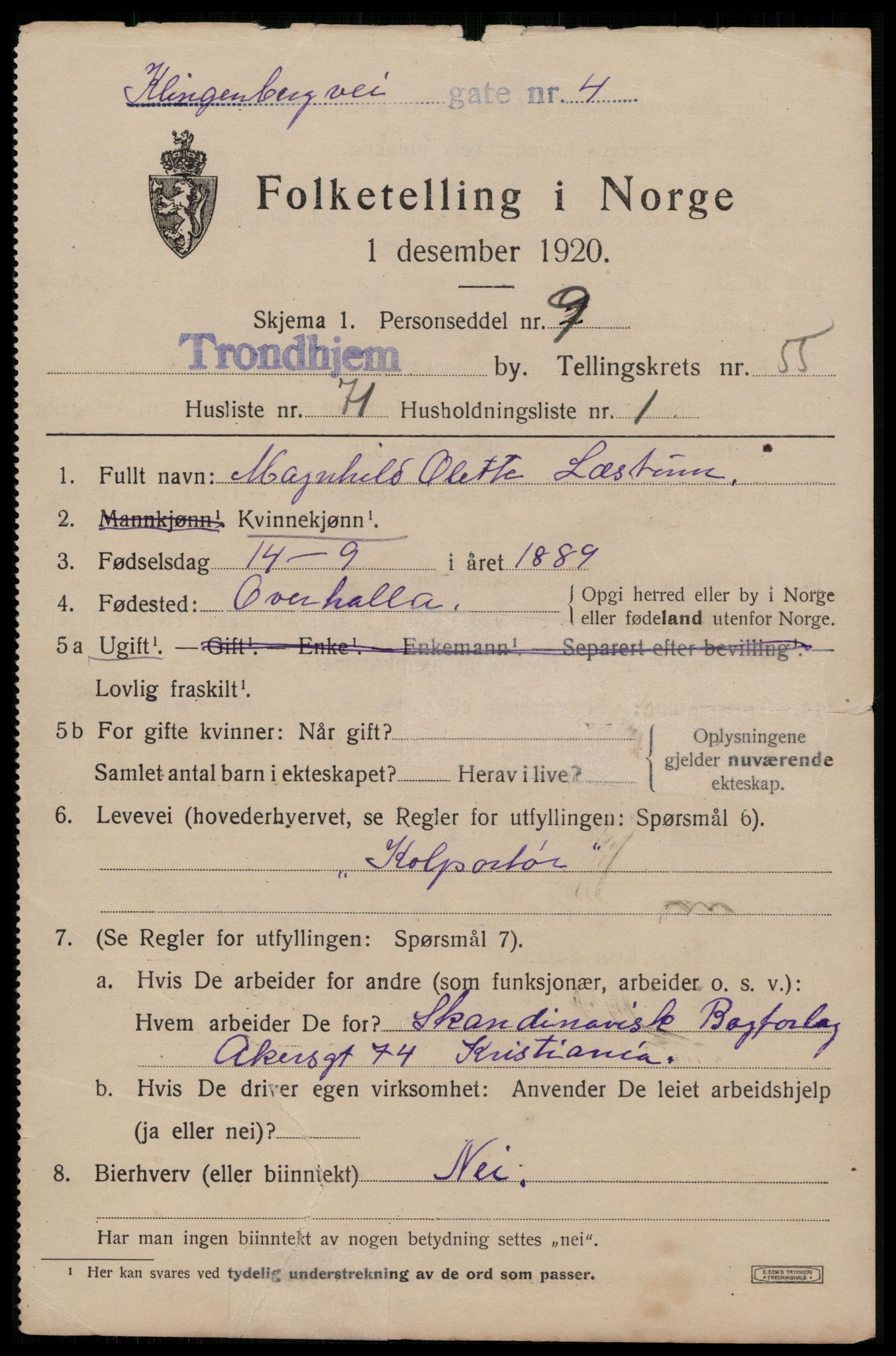 SAT, 1920 census for Trondheim, 1920, p. 113462