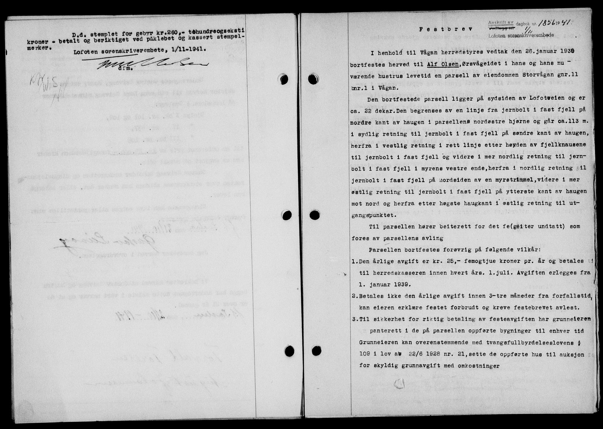 Lofoten sorenskriveri, SAT/A-0017/1/2/2C/L0009a: Mortgage book no. 9a, 1941-1942, Diary no: : 1856/1941