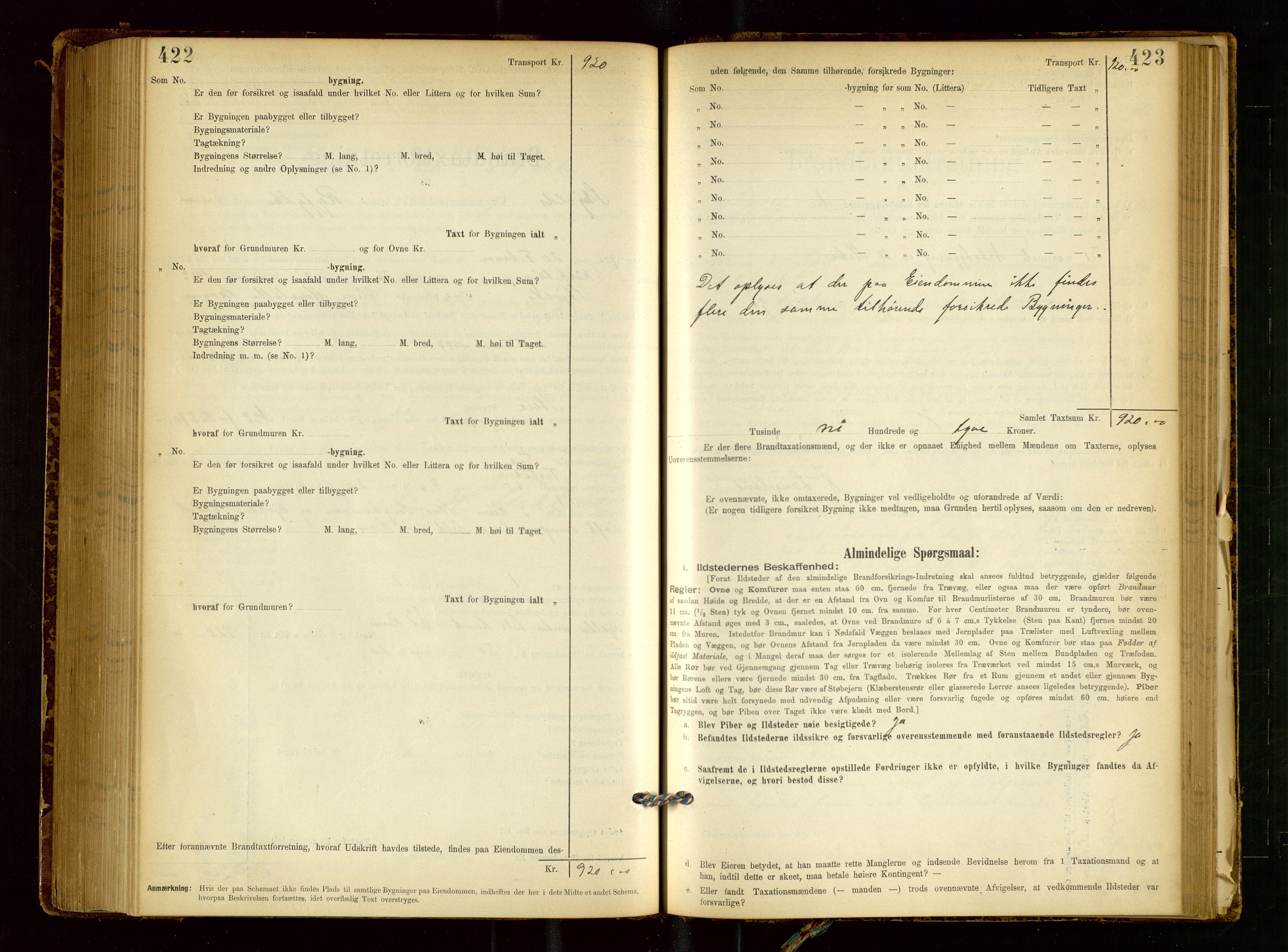 Skjold lensmannskontor, AV/SAST-A-100182/Gob/L0001: "Brandtaxationsprotokol for Skjold Lensmandsdistrikt Ryfylke Fogderi", 1894-1939, p. 422-423