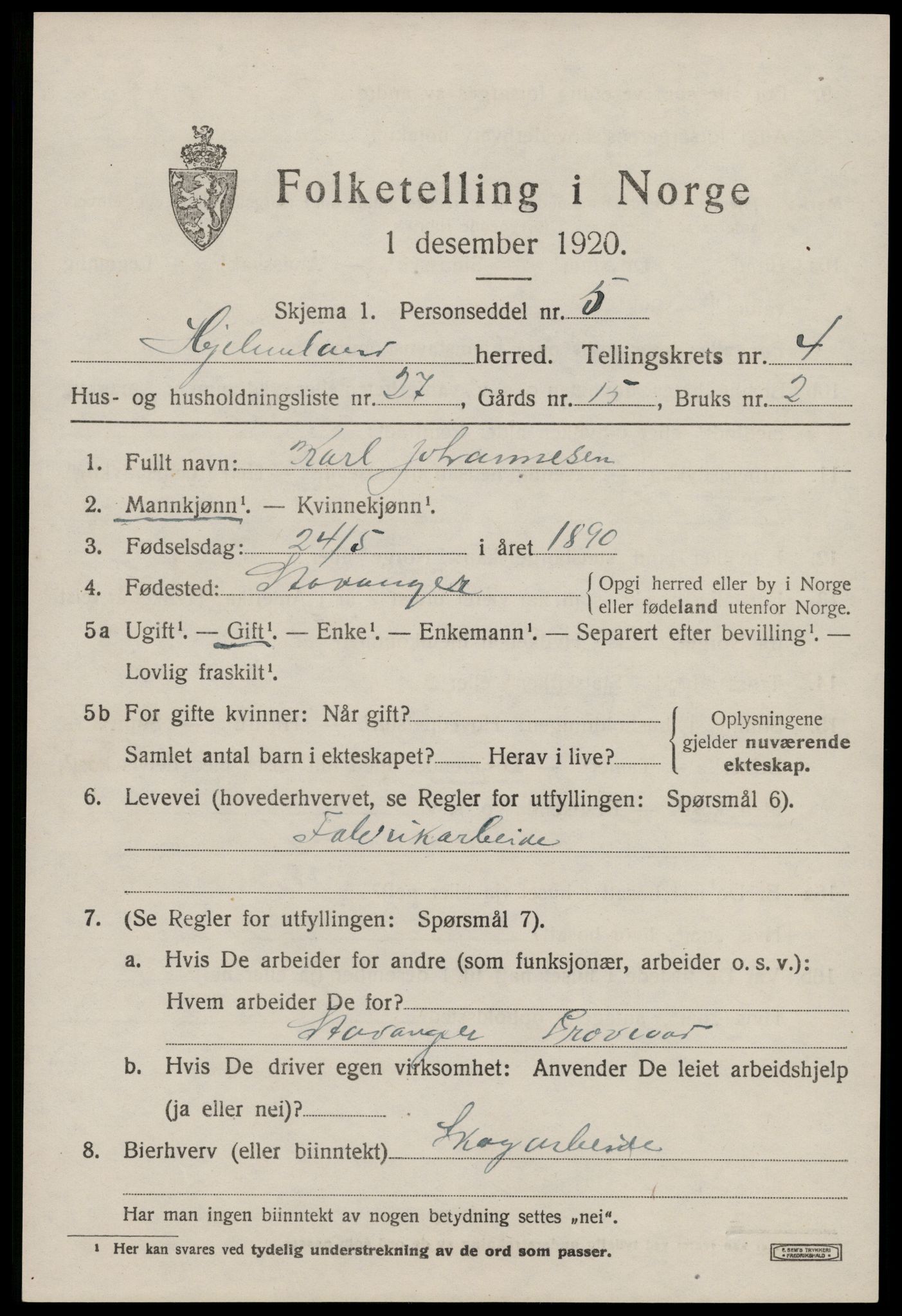 SAST, 1920 census for Hjelmeland, 1920, p. 1791