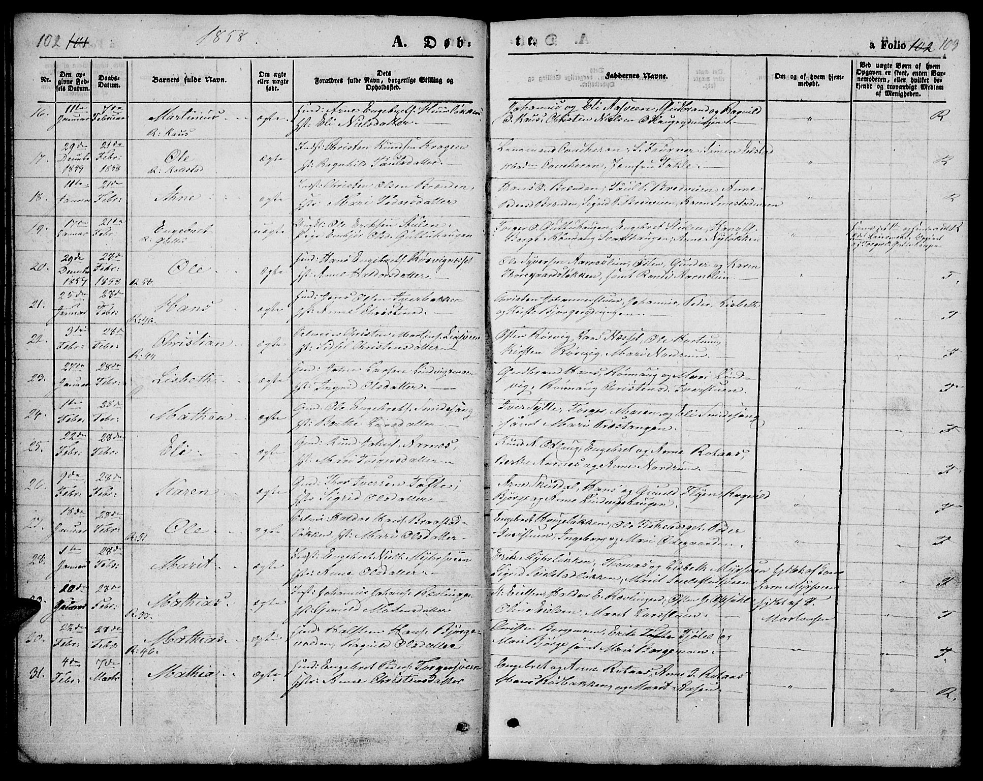 Ringebu prestekontor, SAH/PREST-082/H/Ha/Hab/L0003: Parish register (copy) no. 3, 1854-1866, p. 102-103