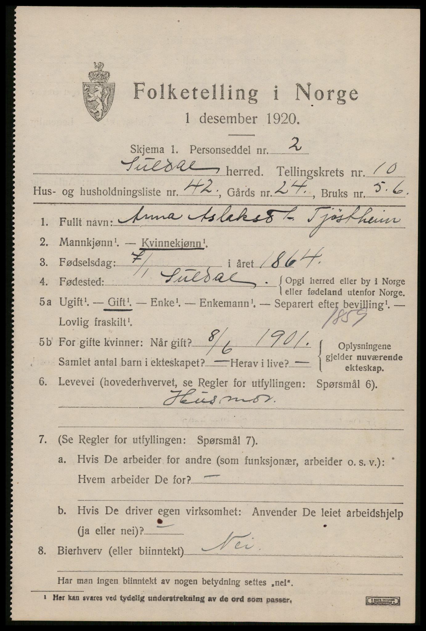 SAST, 1920 census for Suldal, 1920, p. 3222