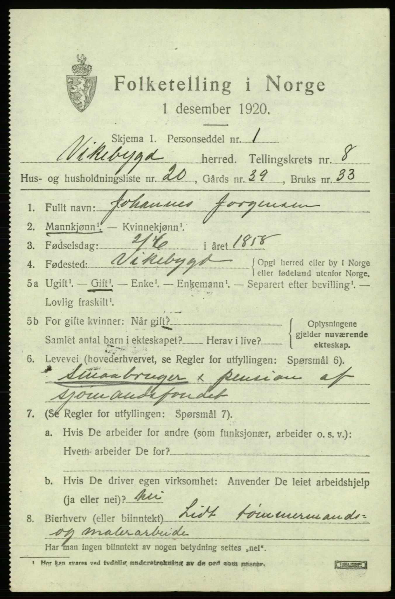 SAB, 1920 census for Vikebygd, 1920, p. 2941