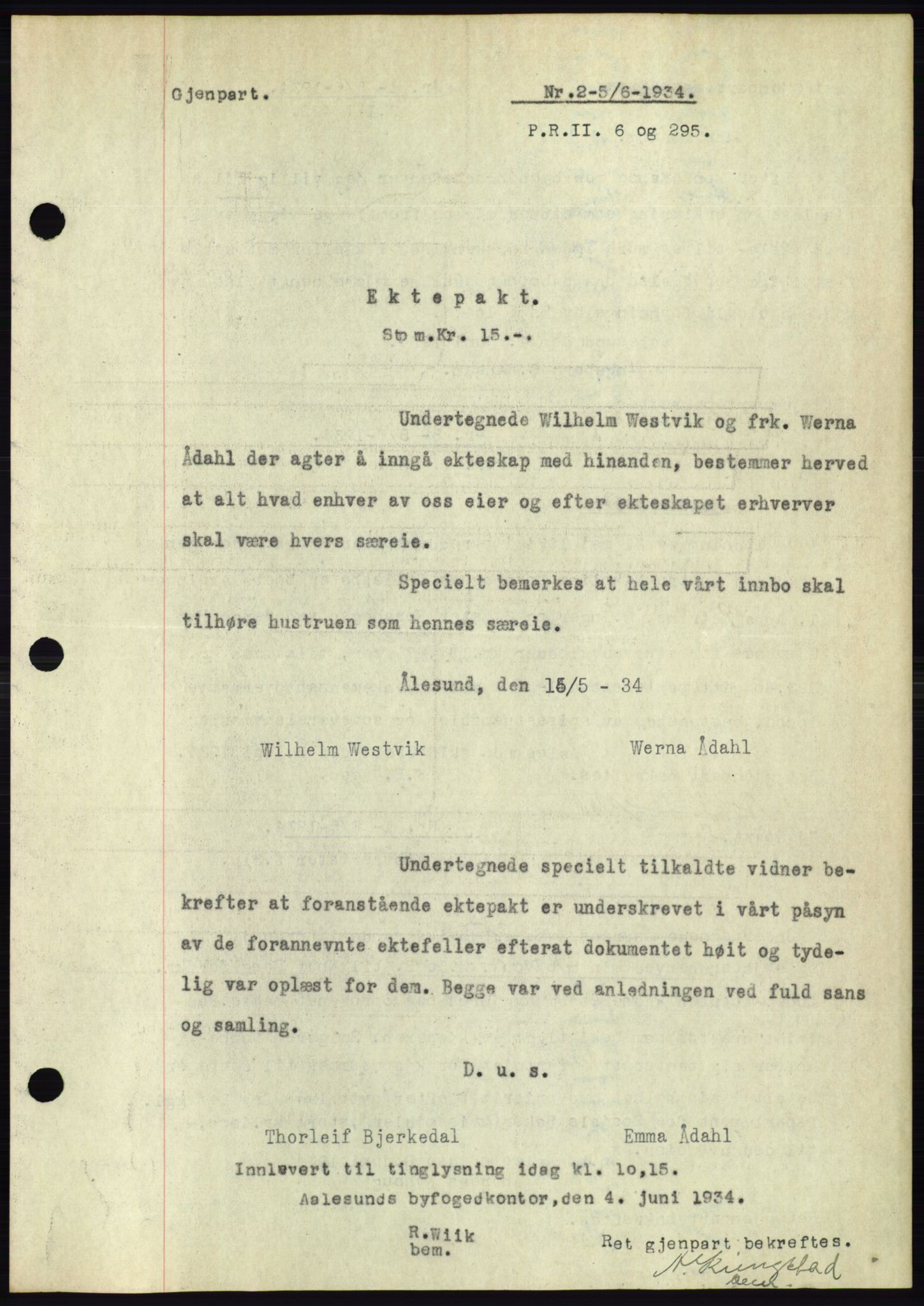 Ålesund byfogd, AV/SAT-A-4384: Mortgage book no. 31, 1933-1934, Deed date: 05.06.1934