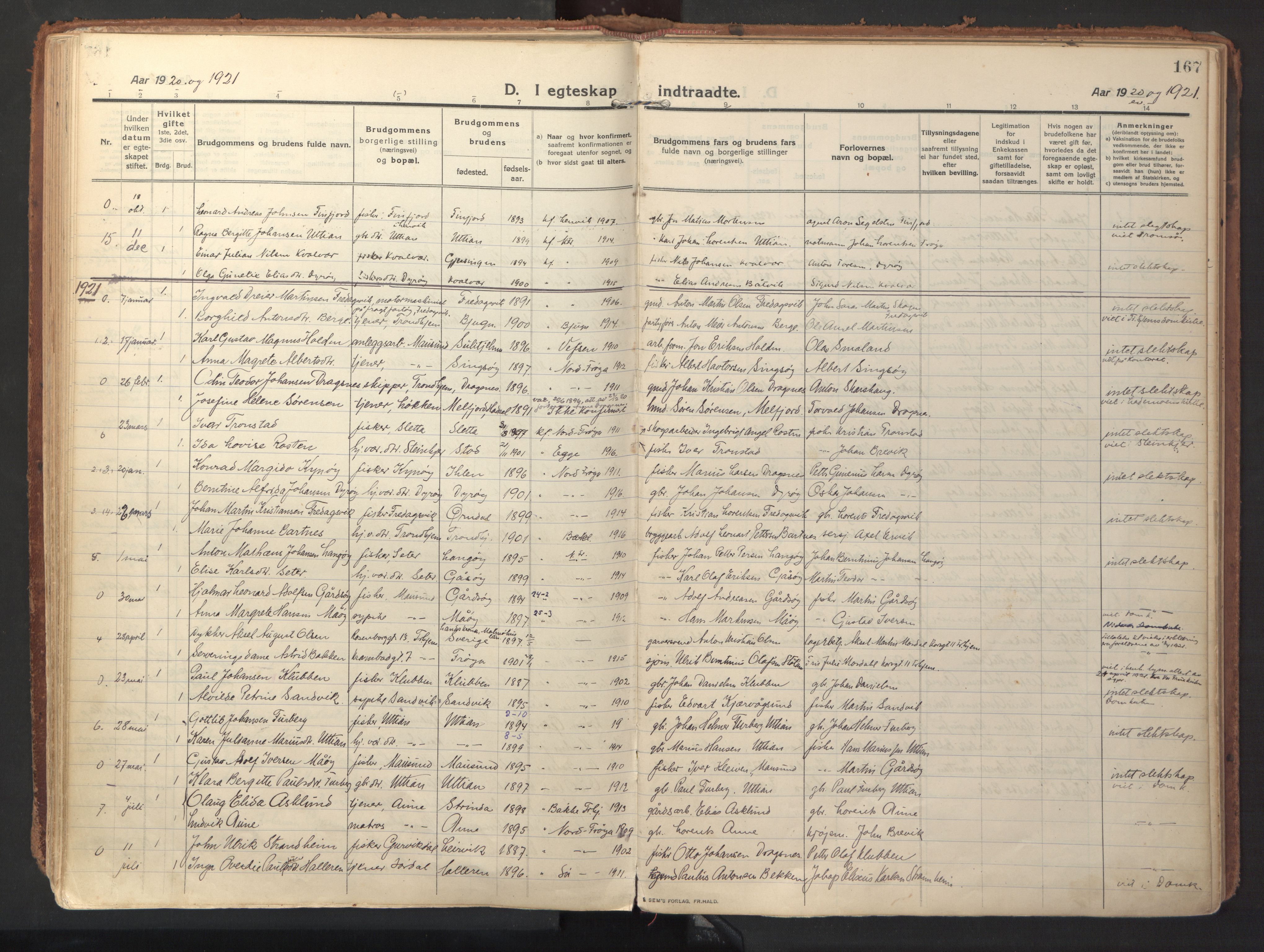 Ministerialprotokoller, klokkerbøker og fødselsregistre - Sør-Trøndelag, AV/SAT-A-1456/640/L0581: Parish register (official) no. 640A06, 1910-1924, p. 167