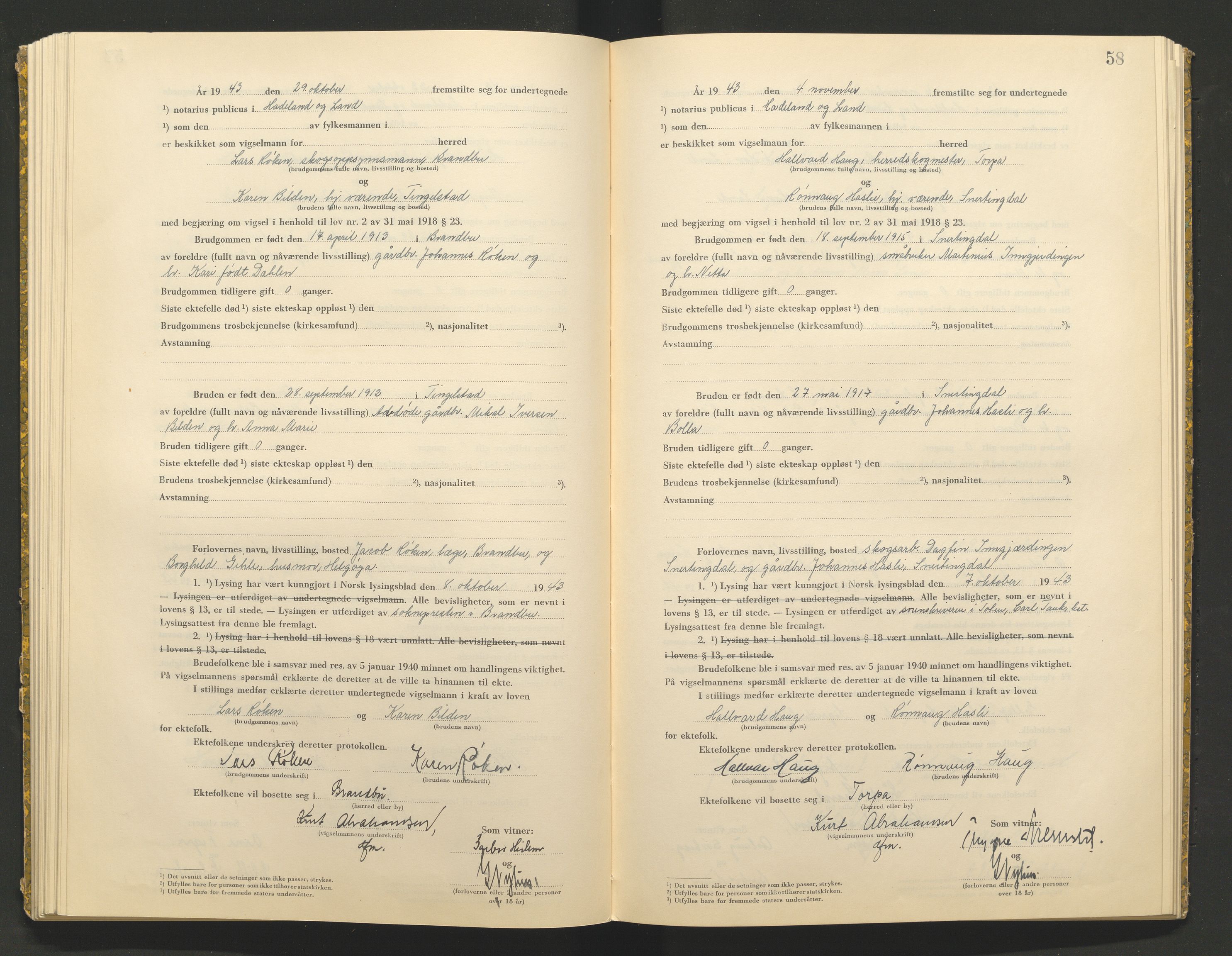 Hadeland og Land tingrett, AV/SAH-TING-010/L/Lb/L0002: Vigselbok, 1943-1944, p. 58
