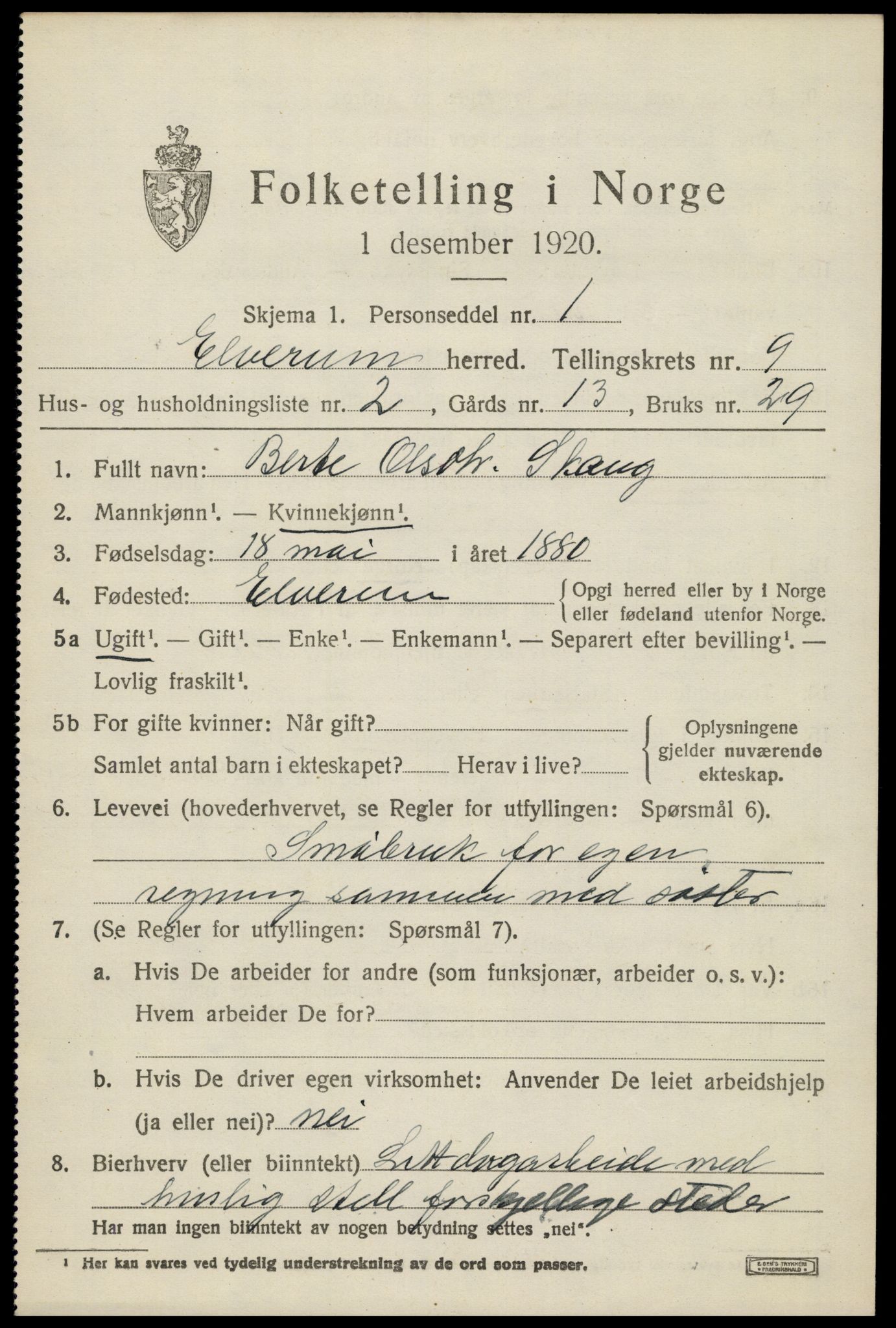 SAH, 1920 census for Elverum, 1920, p. 15568