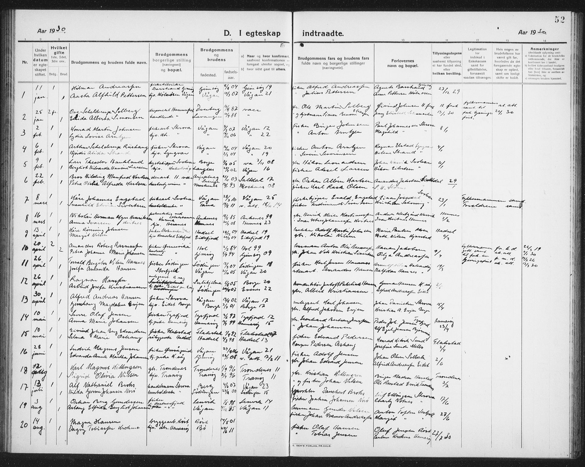 Ministerialprotokoller, klokkerbøker og fødselsregistre - Nordland, SAT/A-1459/874/L1082: Parish register (copy) no. 874C11, 1920-1939, p. 52