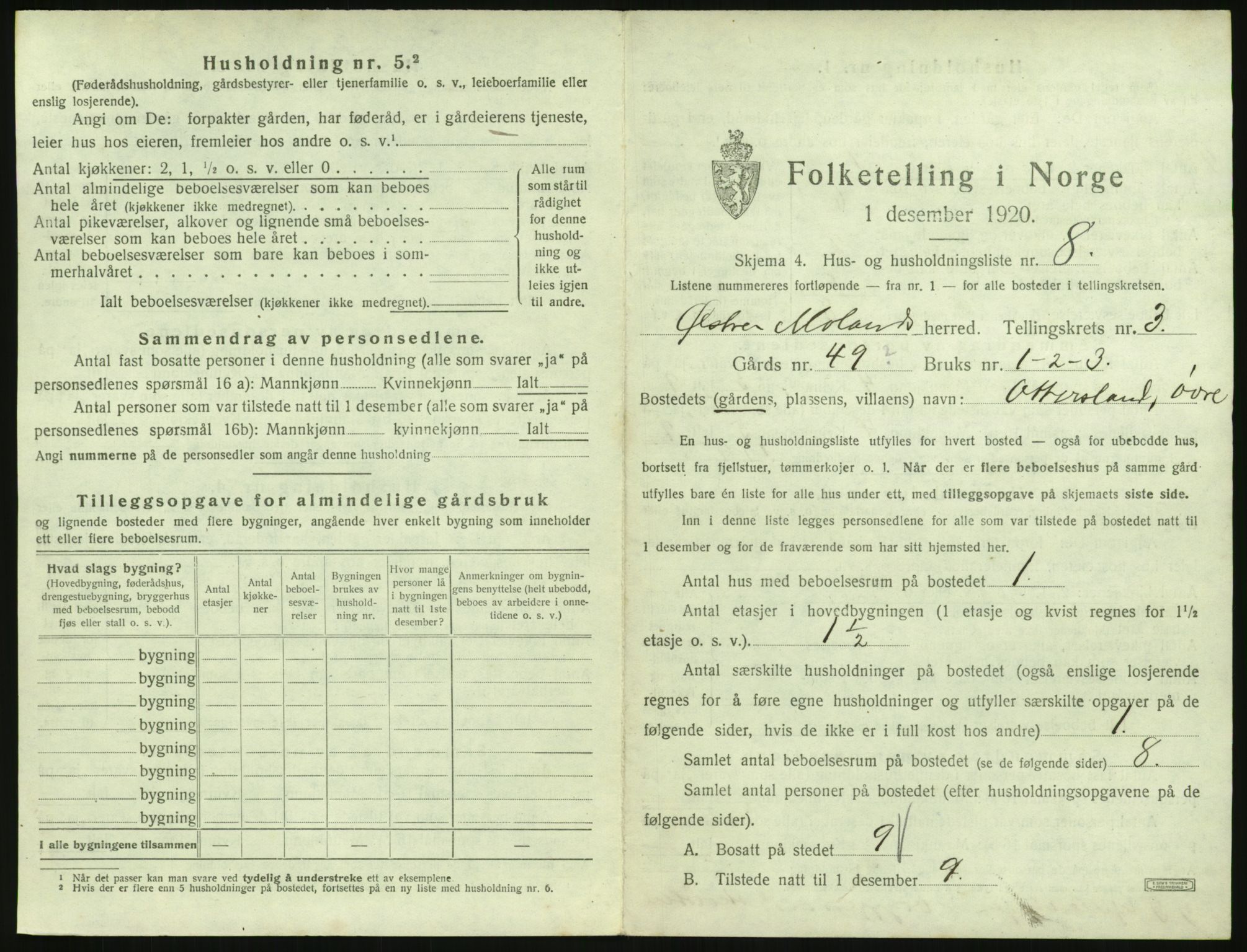 SAK, 1920 census for Austre Moland, 1920, p. 235