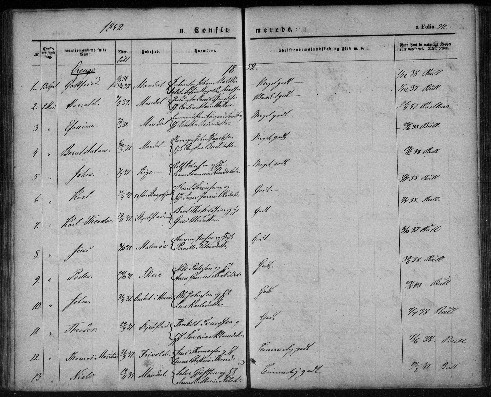 Mandal sokneprestkontor, AV/SAK-1111-0030/F/Fa/Faa/L0013: Parish register (official) no. A 13, 1847-1859, p. 210