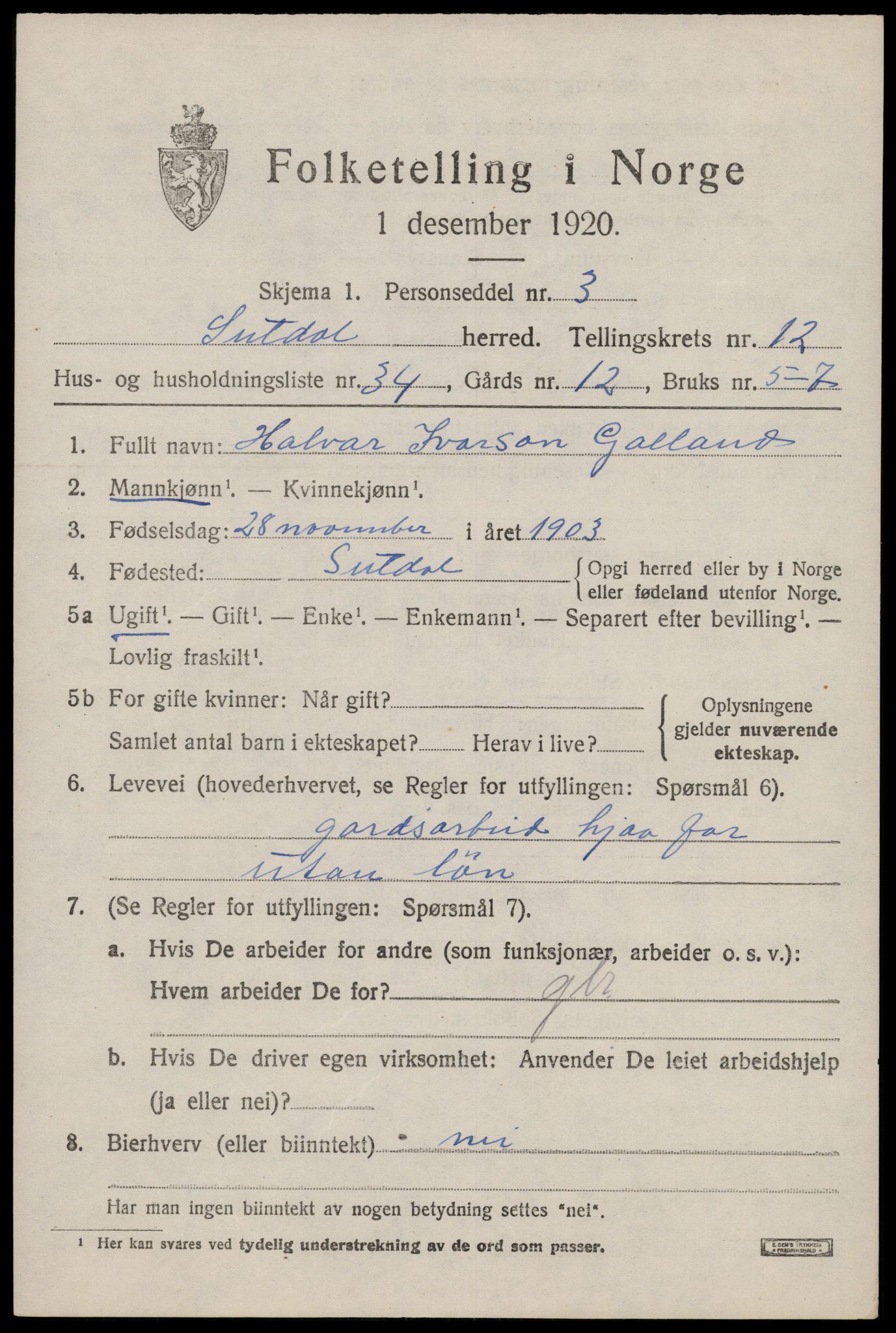 SAST, 1920 census for Suldal, 1920, p. 3866