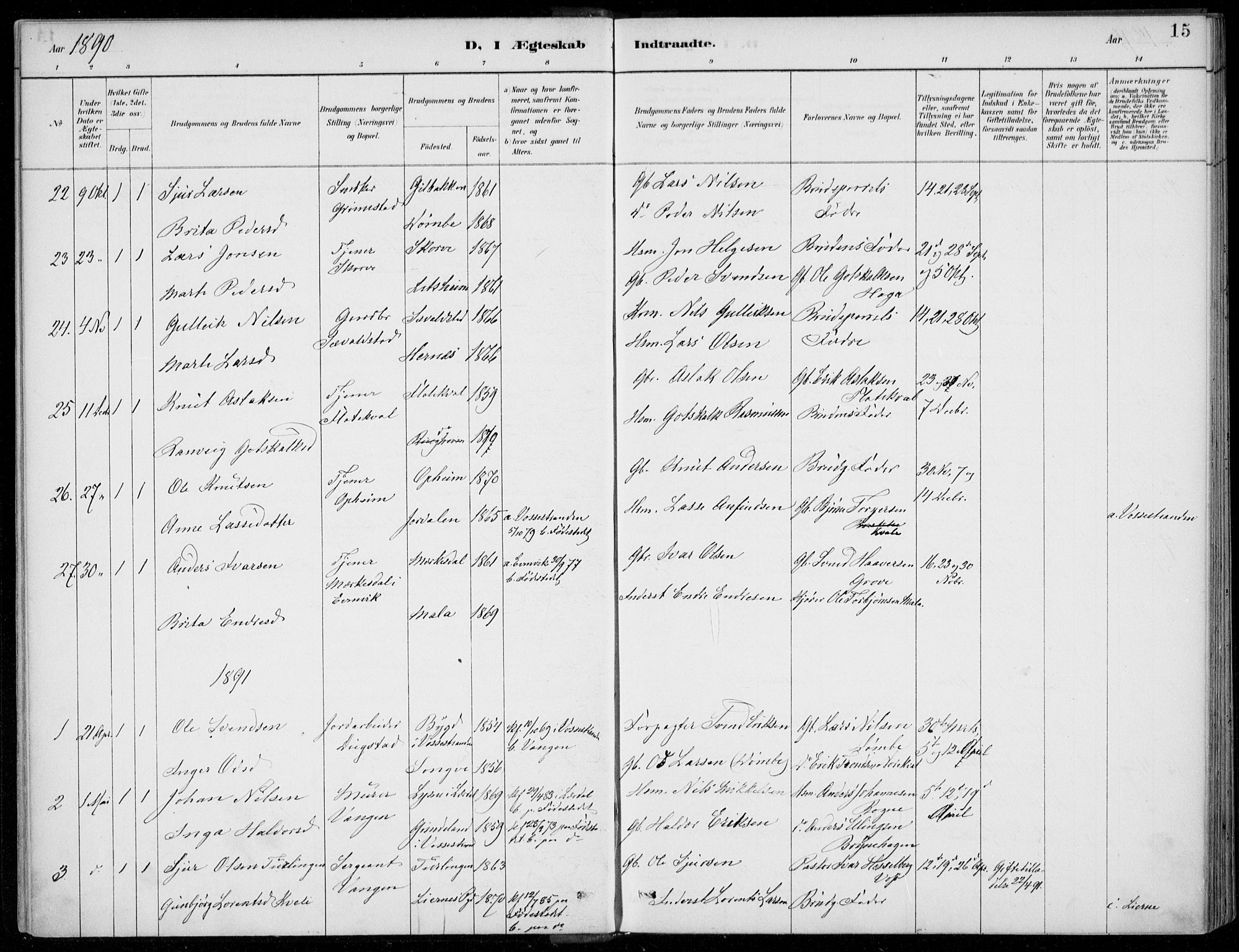 Voss sokneprestembete, SAB/A-79001/H/Haa: Parish register (official) no. C  1, 1887-1915, p. 15