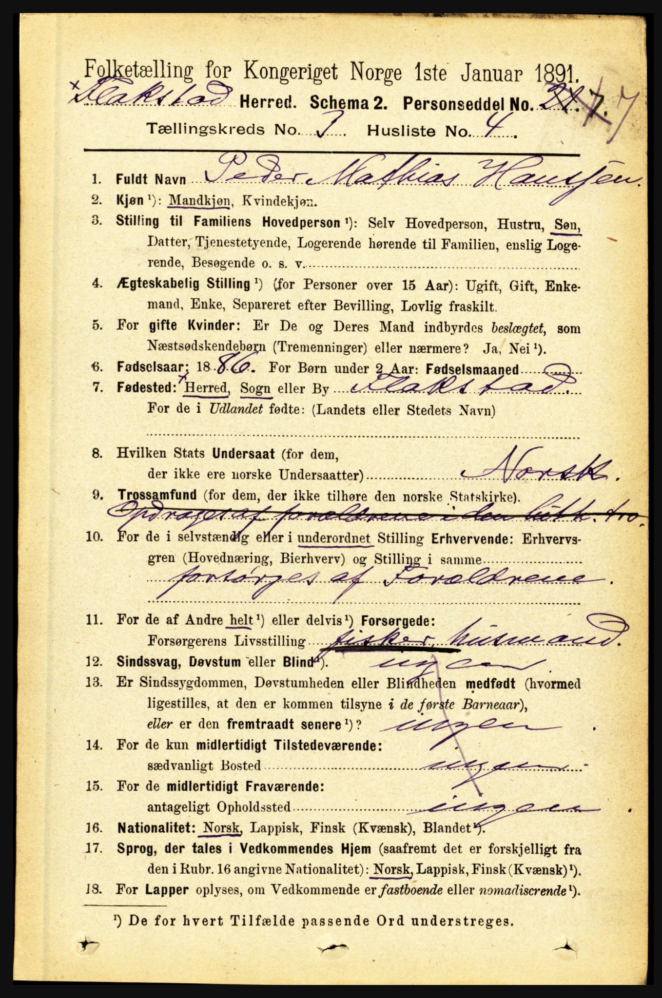 RA, 1891 census for 1859 Flakstad, 1891, p. 1319