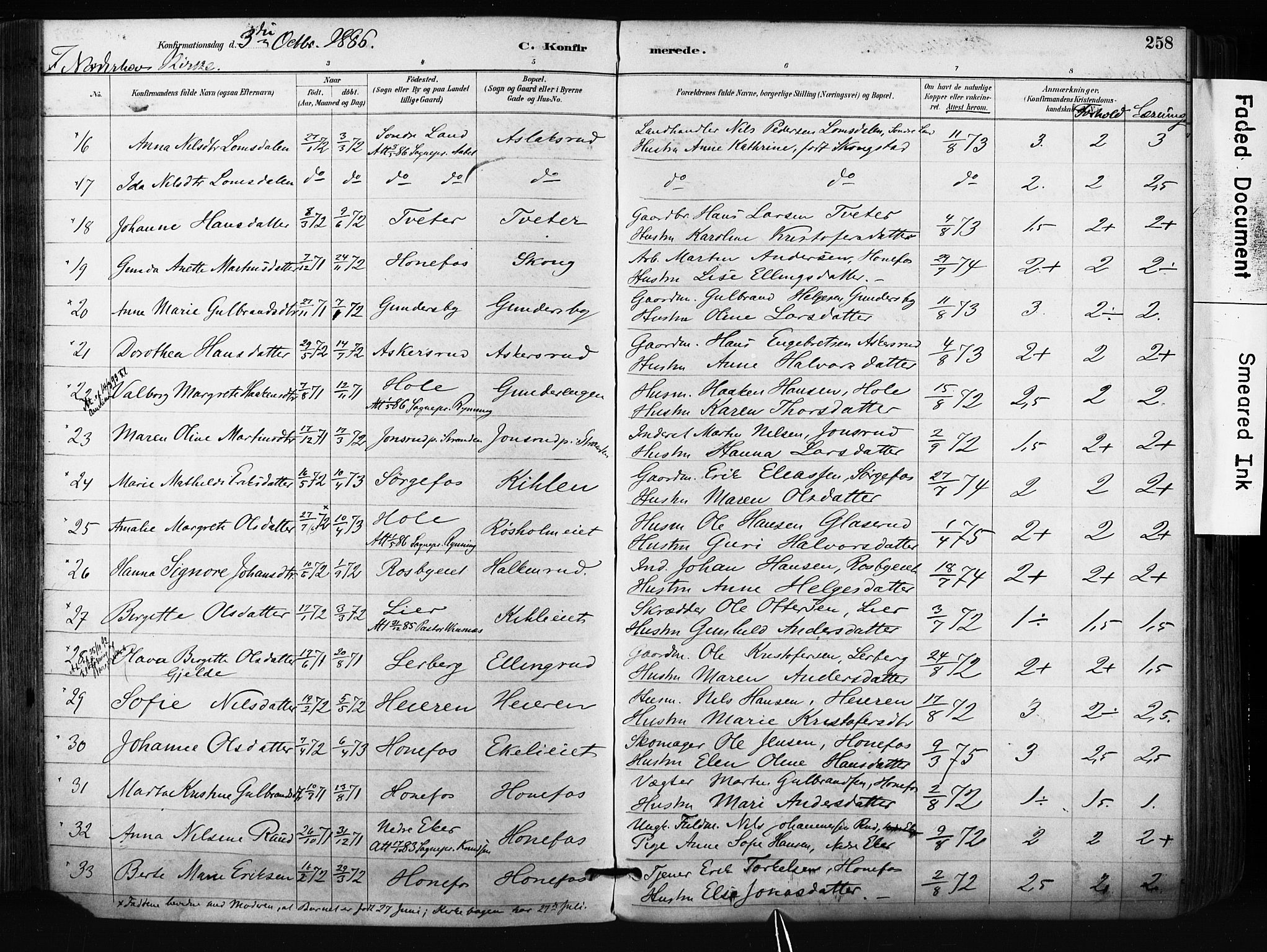 Norderhov kirkebøker, AV/SAKO-A-237/F/Fa/L0016: Parish register (official) no. 16, 1885-1902, p. 258