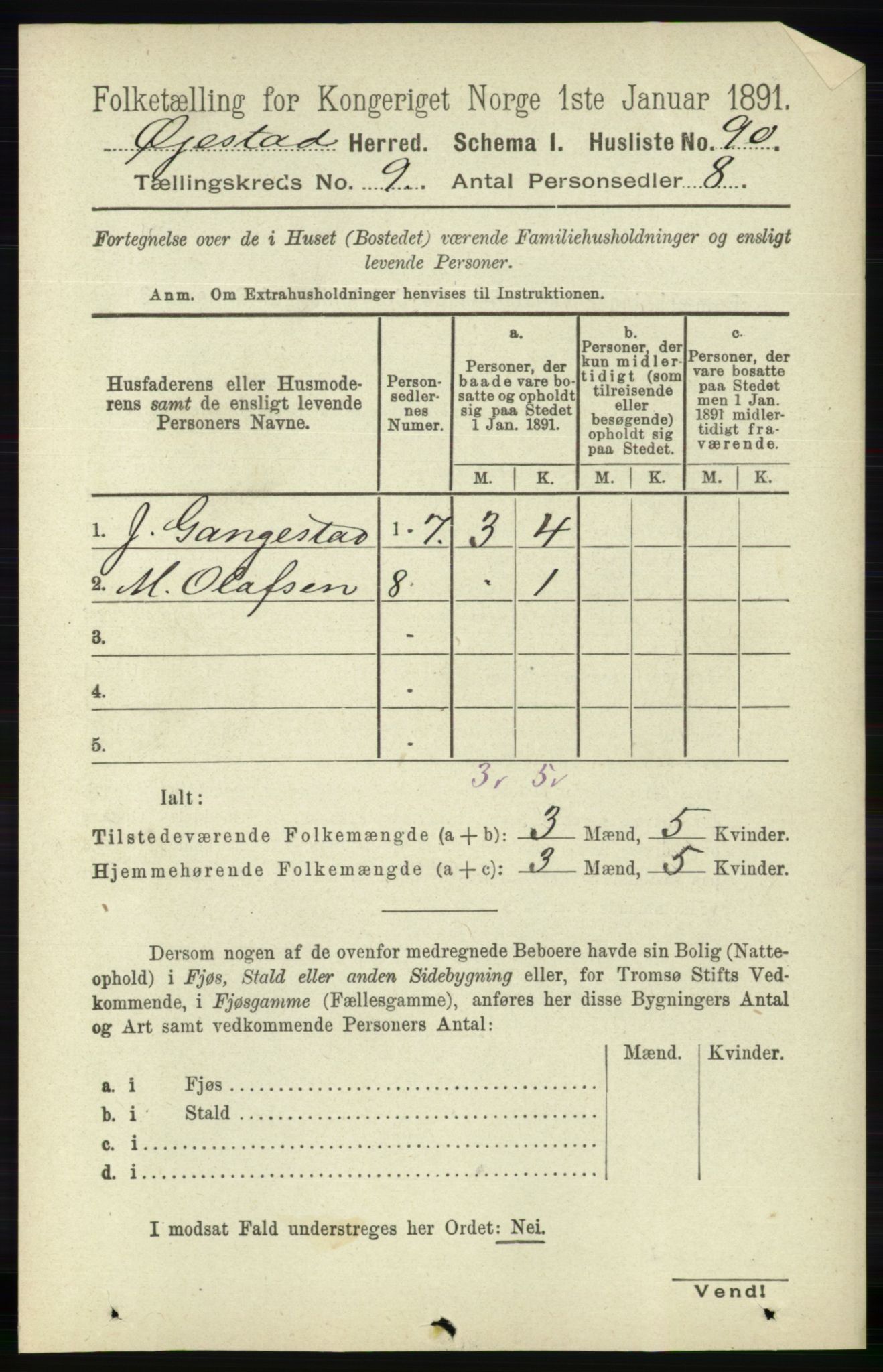 RA, 1891 census for 0920 Øyestad, 1891, p. 3565