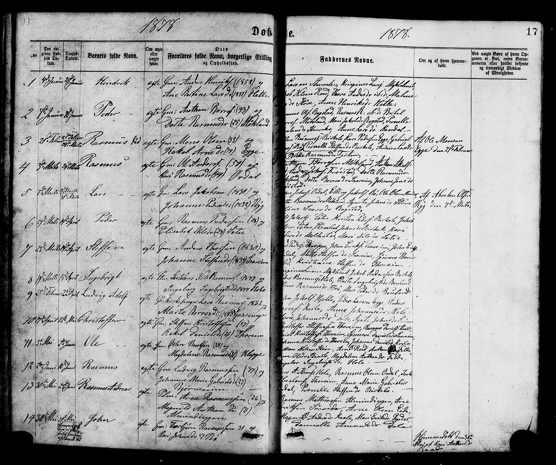 Gloppen sokneprestembete, AV/SAB-A-80101/H/Hab/Habc/L0001: Parish register (copy) no. C 1, 1872-1896, p. 17