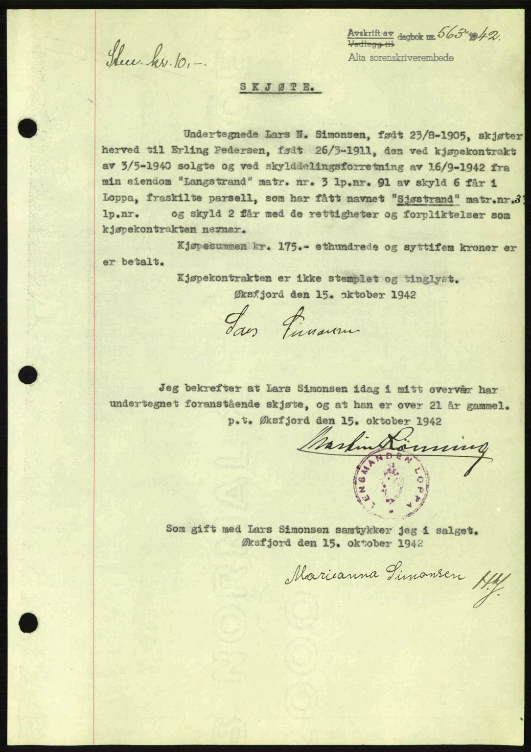Alta fogderi/sorenskriveri, SATØ/SATØ-5/1/K/Kd/L0033pantebok: Mortgage book no. 33, 1940-1943, Diary no: : 563/1942