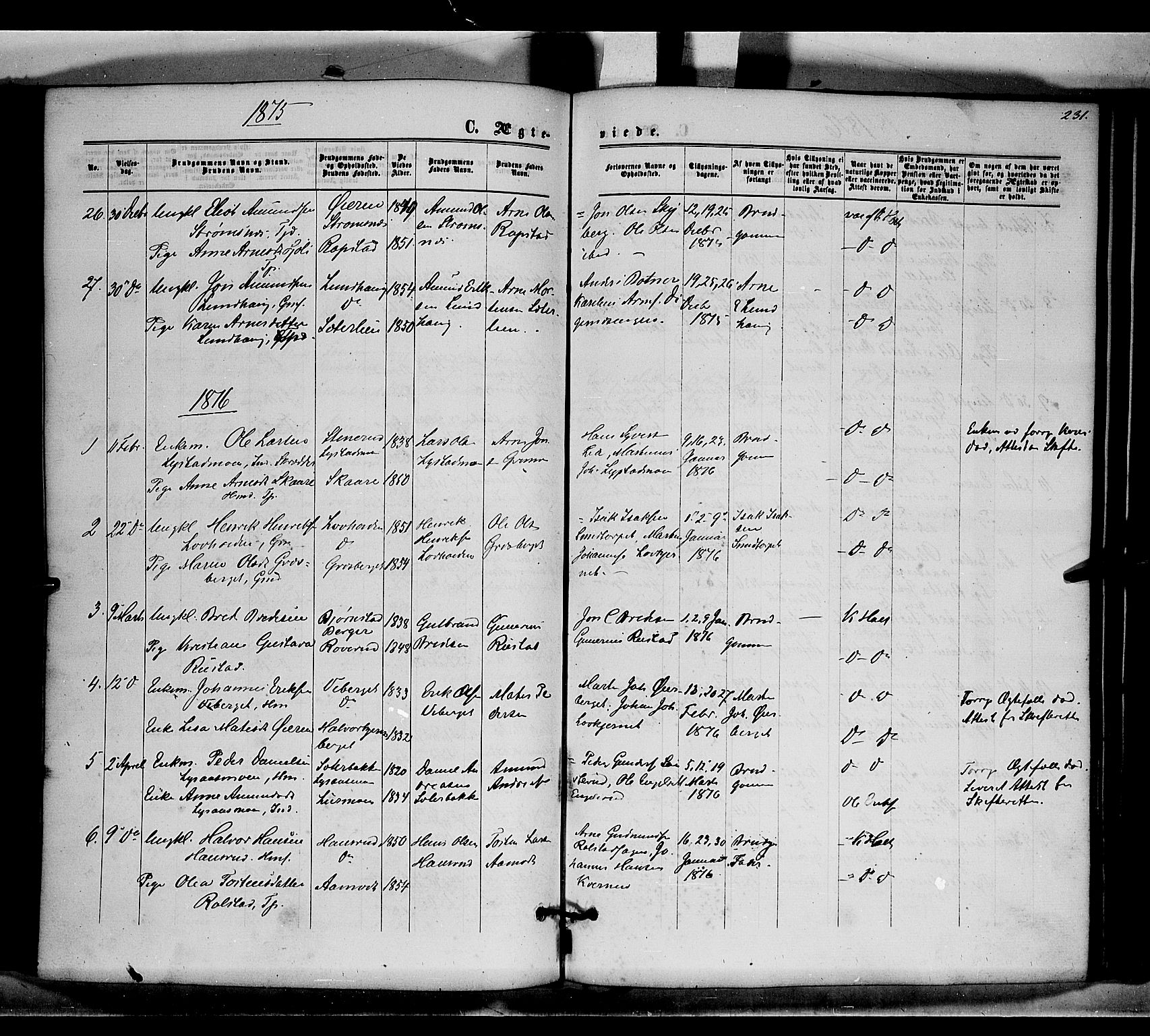Brandval prestekontor, AV/SAH-PREST-034/H/Ha/Haa/L0001: Parish register (official) no. 1, 1864-1879, p. 231