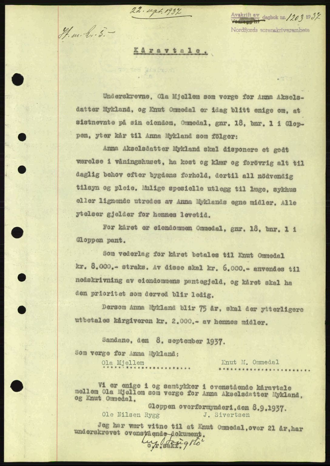 Nordfjord sorenskriveri, SAB/A-2801/02/02b/02bj/L0002: Mortgage book no. A2, 1937-1938, Diary no: : 1203/1937