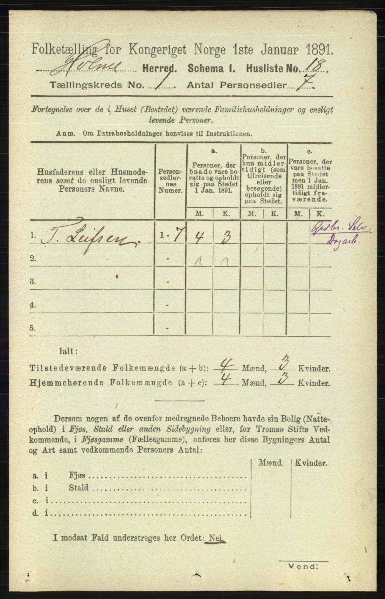 RA, 1891 census for 1020 Holum, 1891, p. 38