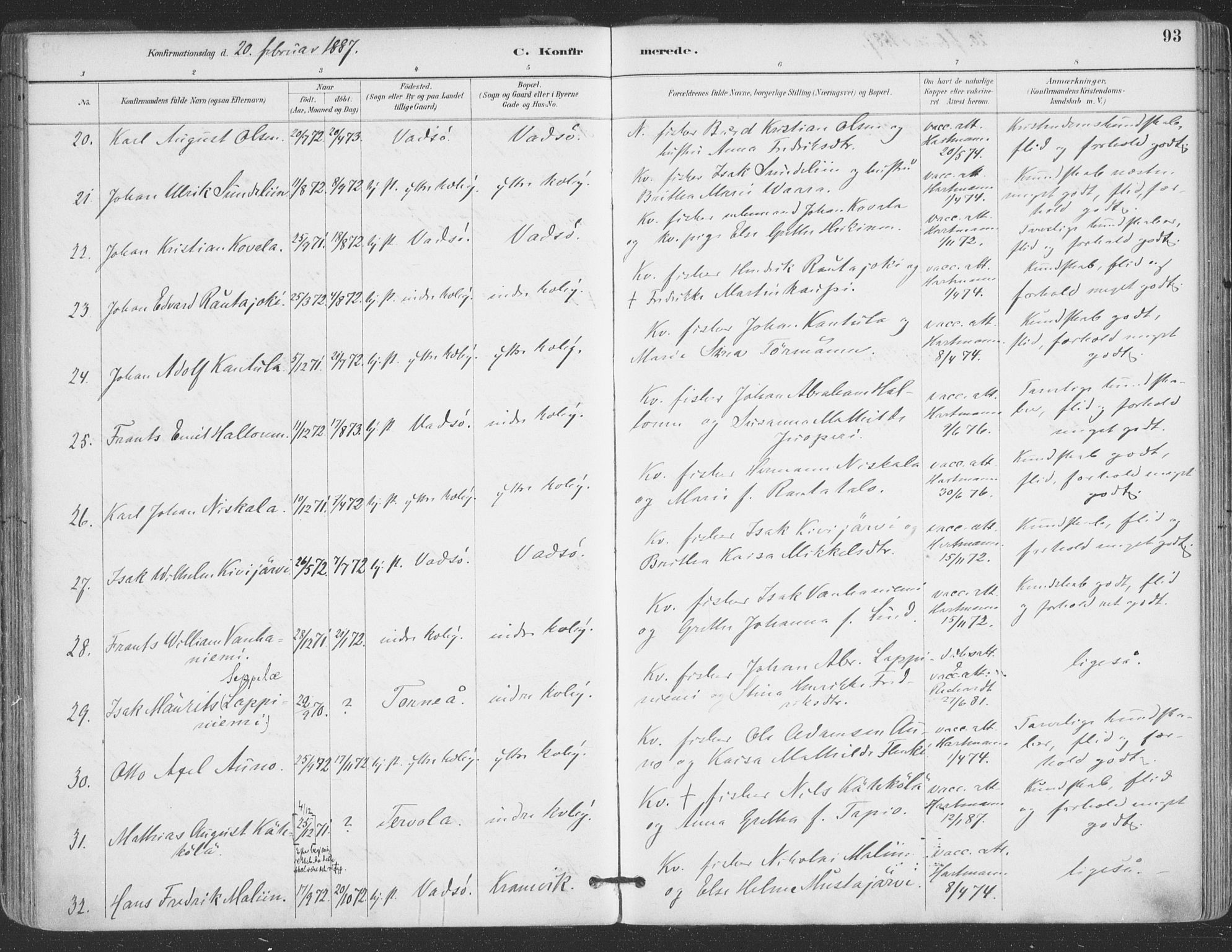 Vadsø sokneprestkontor, AV/SATØ-S-1325/H/Ha/L0006kirke: Parish register (official) no. 6, 1885-1895, p. 93
