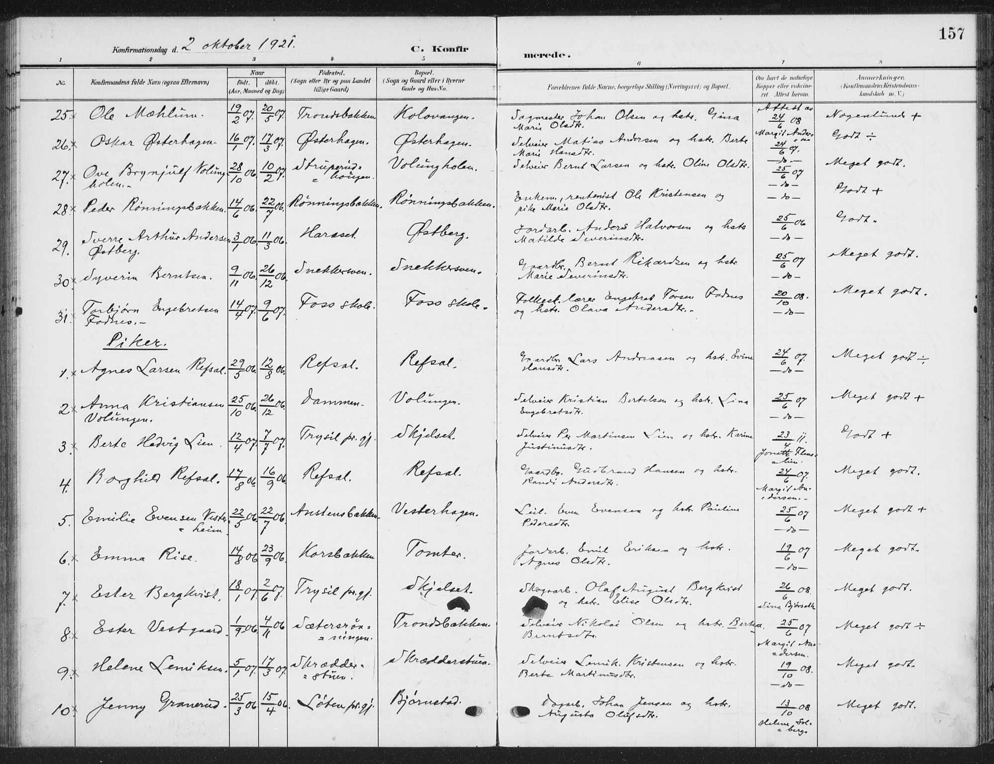 Romedal prestekontor, AV/SAH-PREST-004/K/L0009: Parish register (official) no. 9, 1906-1929, p. 157