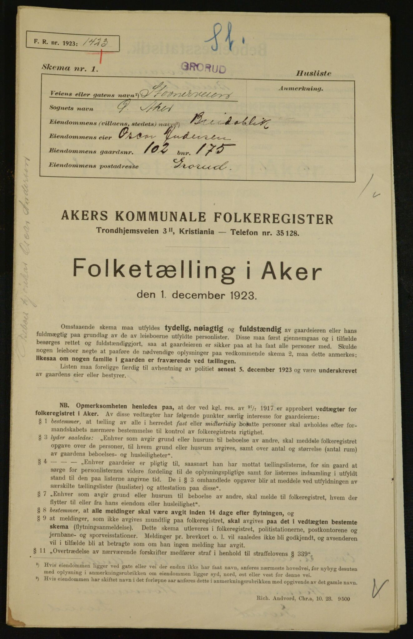 , Municipal Census 1923 for Aker, 1923, p. 31337