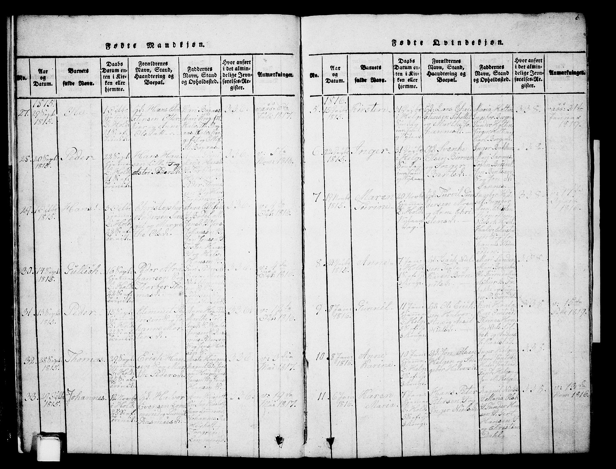 Holla kirkebøker, SAKO/A-272/G/Ga/L0001: Parish register (copy) no. I 1, 1814-1830, p. 6