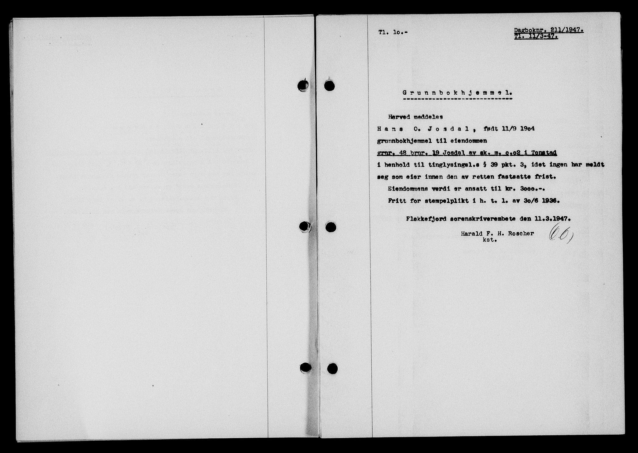Flekkefjord sorenskriveri, SAK/1221-0001/G/Gb/Gba/L0061: Mortgage book no. A-9, 1946-1947, Diary no: : 211/1947