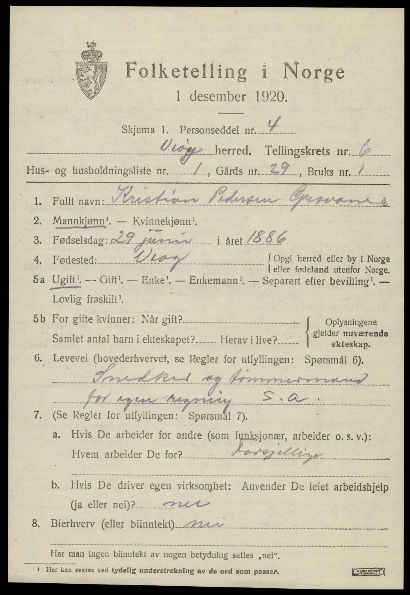 SAT, 1920 census for Veøy, 1920, p. 2535