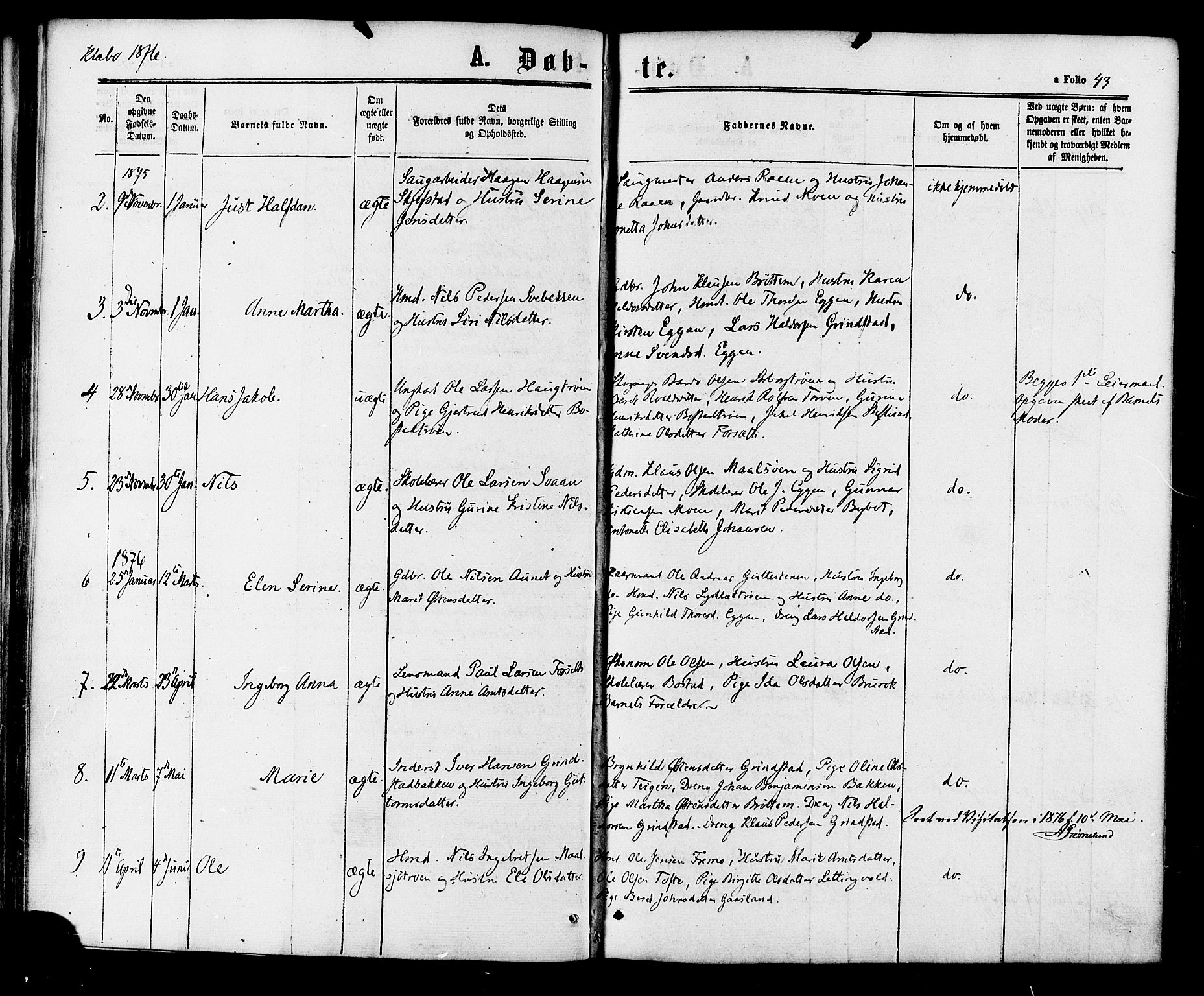 Ministerialprotokoller, klokkerbøker og fødselsregistre - Sør-Trøndelag, SAT/A-1456/618/L0442: Parish register (official) no. 618A06 /1, 1863-1879, p. 43