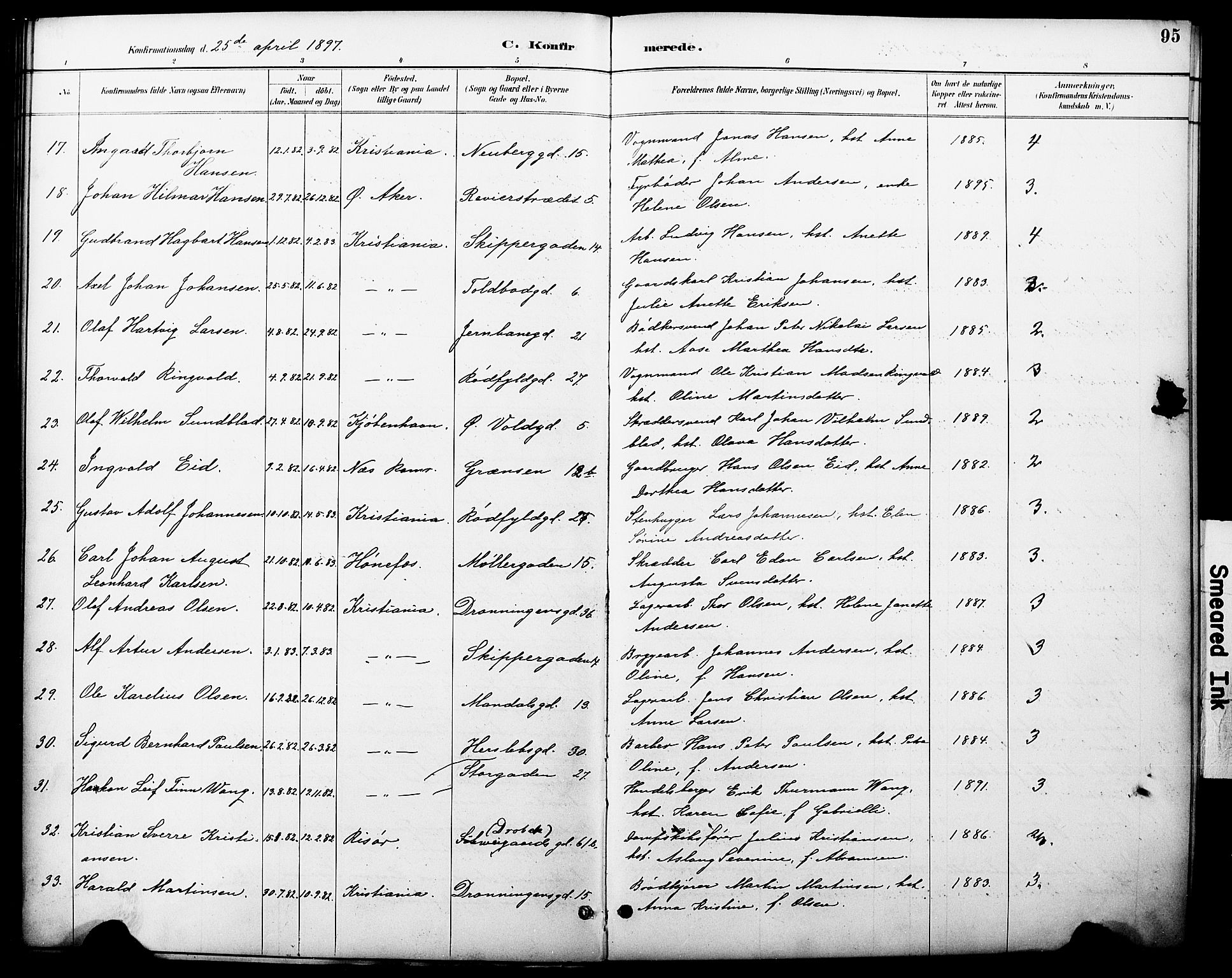 Oslo domkirke Kirkebøker, AV/SAO-A-10752/F/Fa/L0030: Parish register (official) no. 30, 1887-1918, p. 95