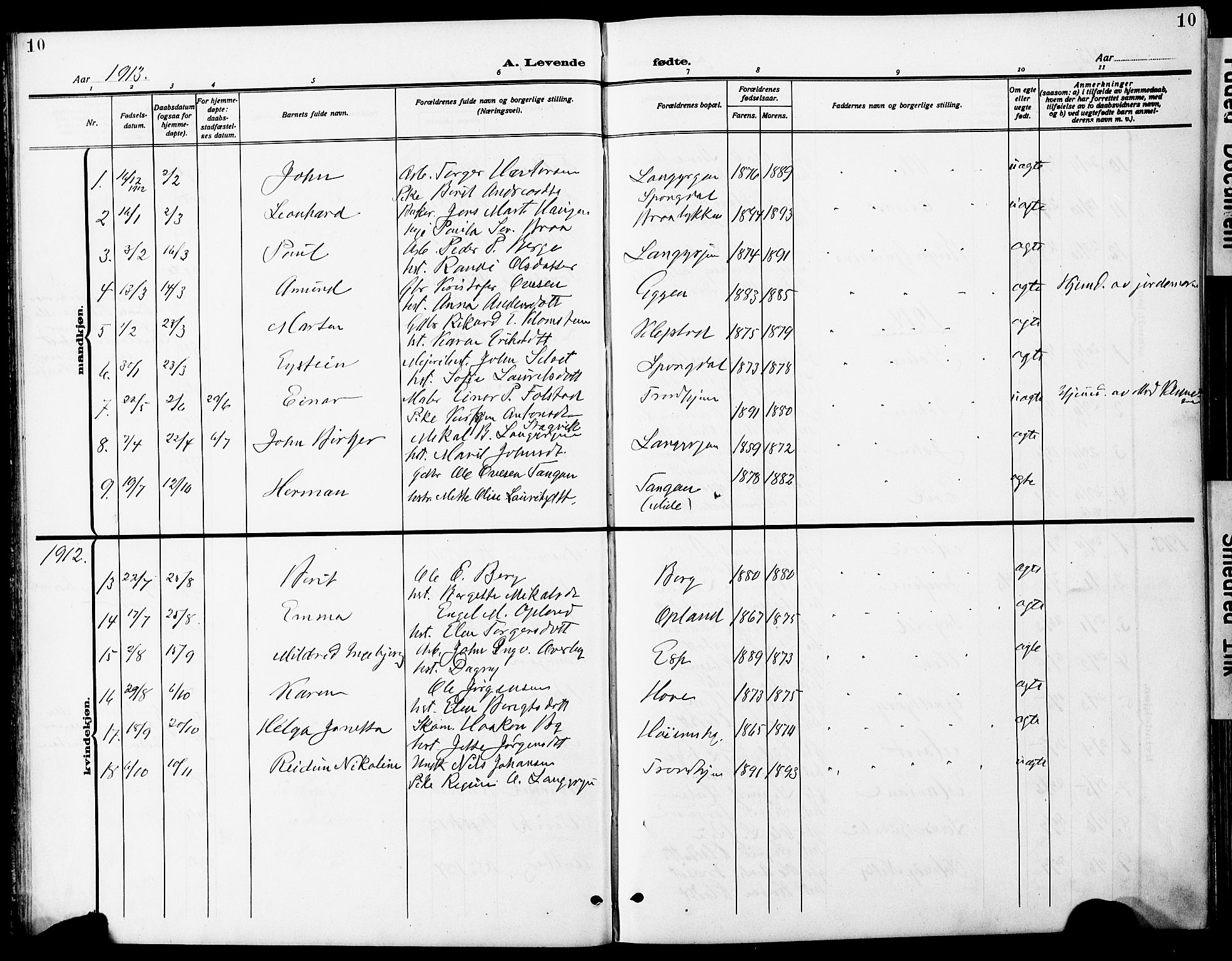Ministerialprotokoller, klokkerbøker og fødselsregistre - Sør-Trøndelag, SAT/A-1456/612/L0388: Parish register (copy) no. 612C04, 1909-1929, p. 10