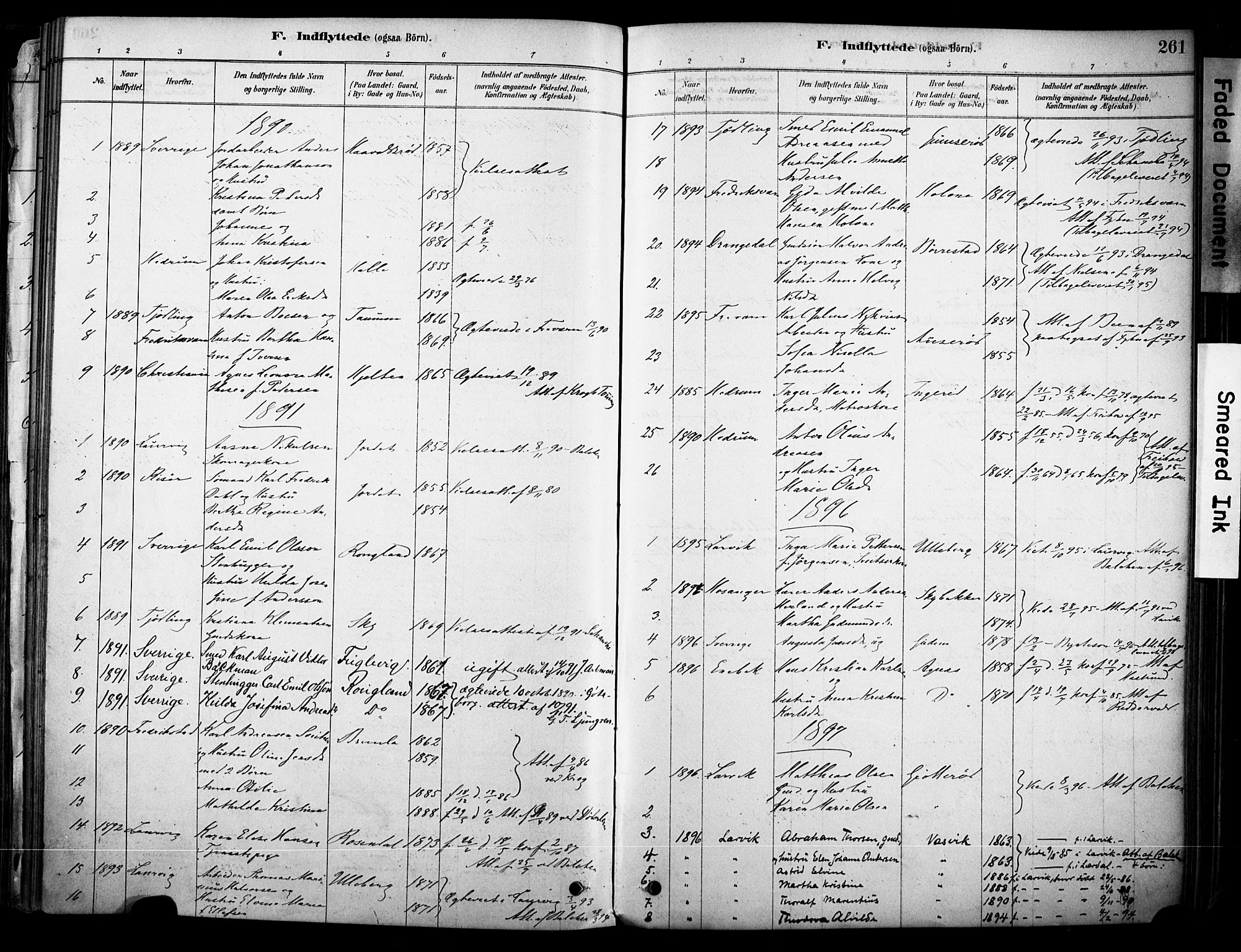 Brunlanes kirkebøker, AV/SAKO-A-342/F/Fc/L0001: Parish register (official) no. III 1, 1878-1899, p. 261