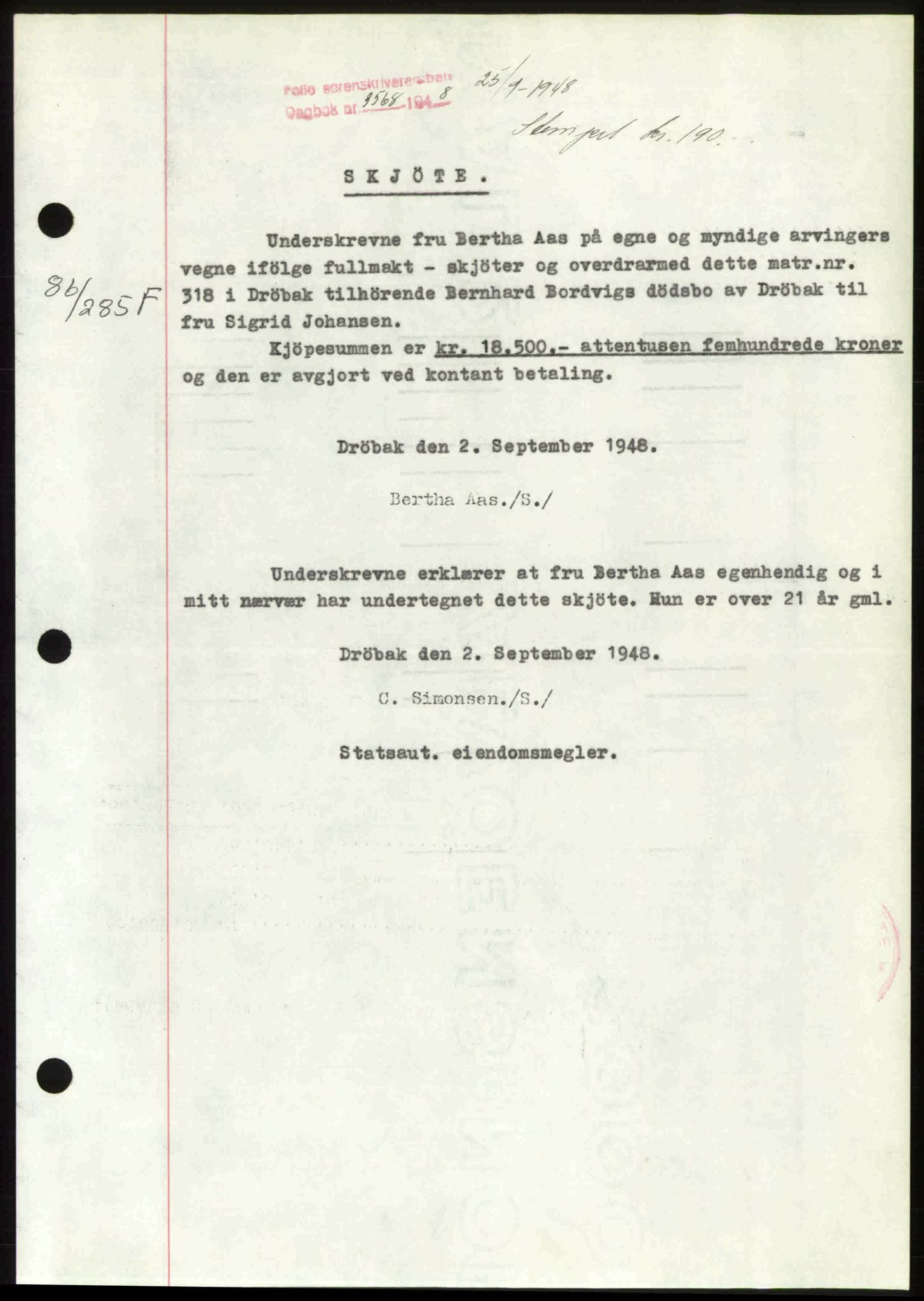 Follo sorenskriveri, SAO/A-10274/G/Ga/Gaa/L0085: Mortgage book no. I 85, 1948-1948, Diary no: : 3568/1948