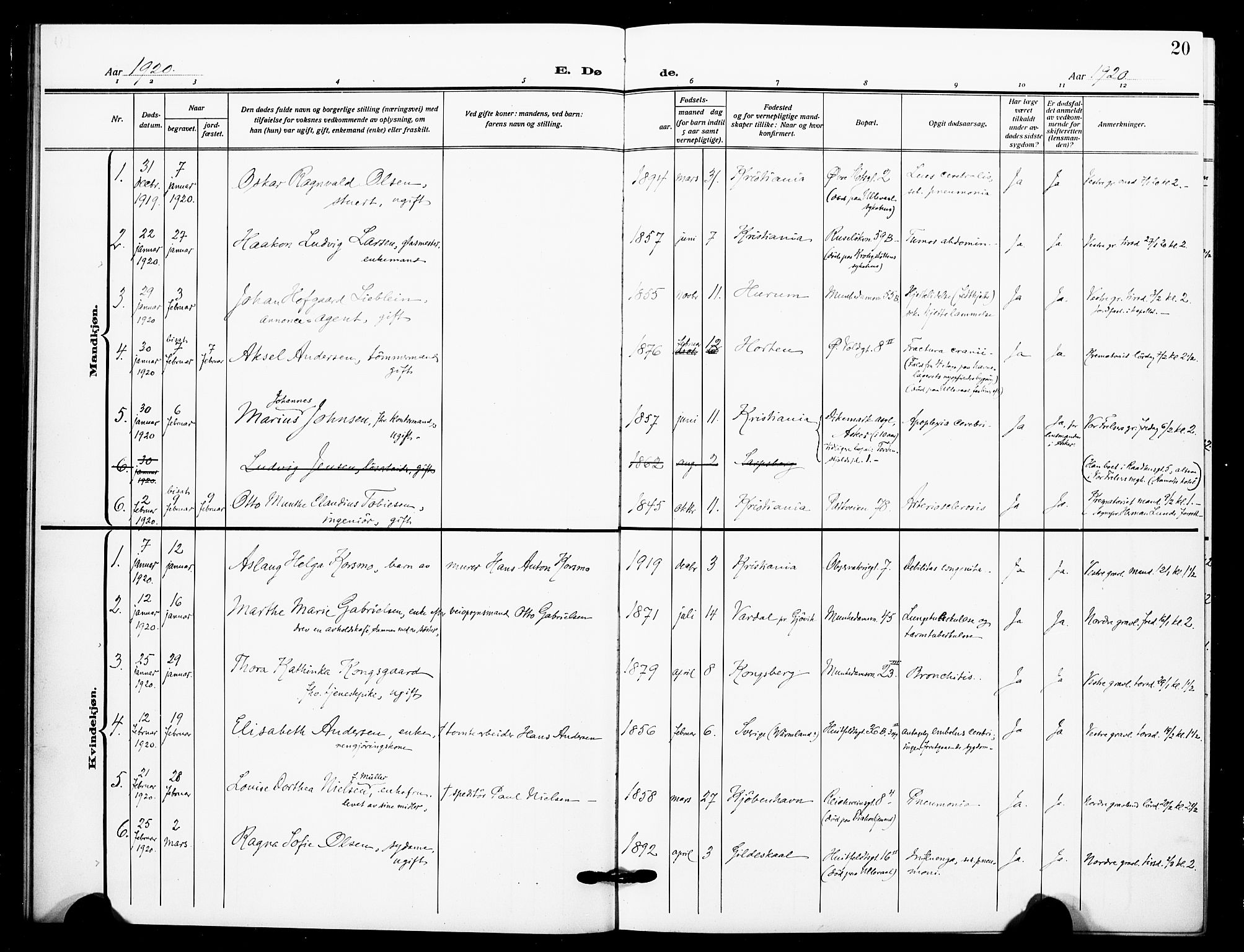 Johannes prestekontor Kirkebøker, SAO/A-10852/F/Fa/L0012: Parish register (official) no. 12, 1918-1930, p. 20