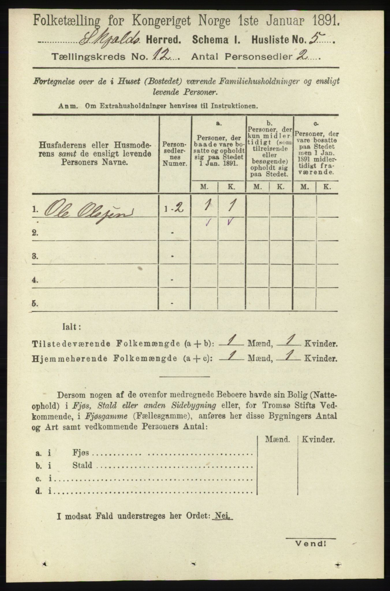 RA, 1891 census for 1154 Skjold, 1891, p. 2233